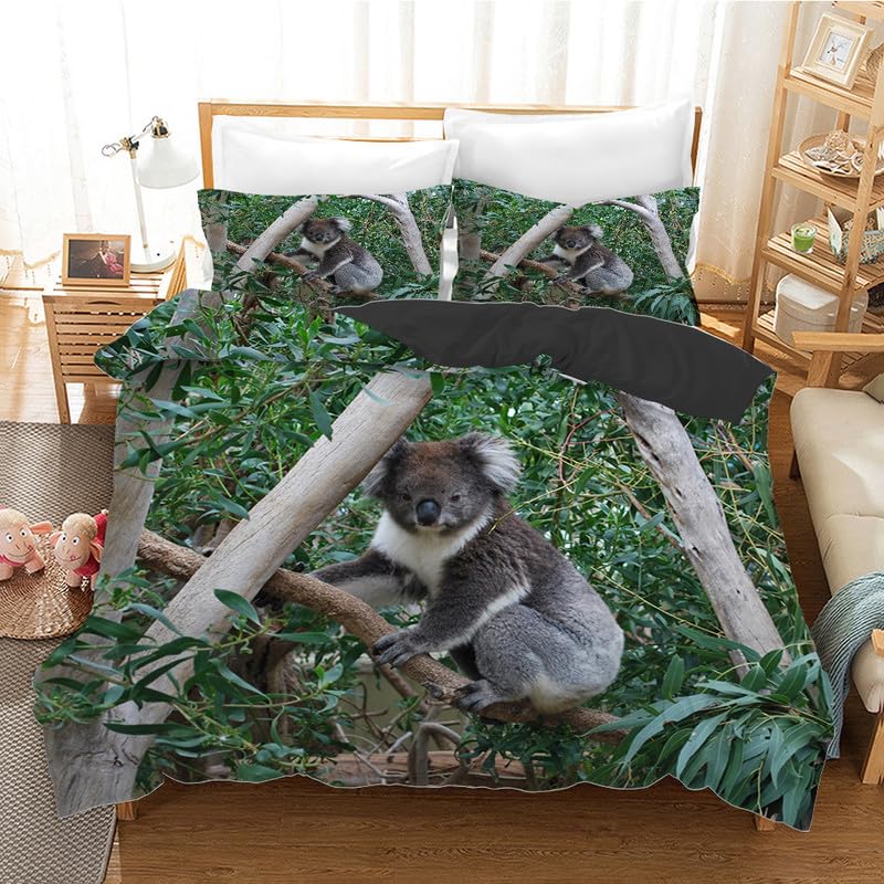 Housse de couette 140x200 koala vert en microfibre 110g avec 2 taies d'oreiller pour lit enfant