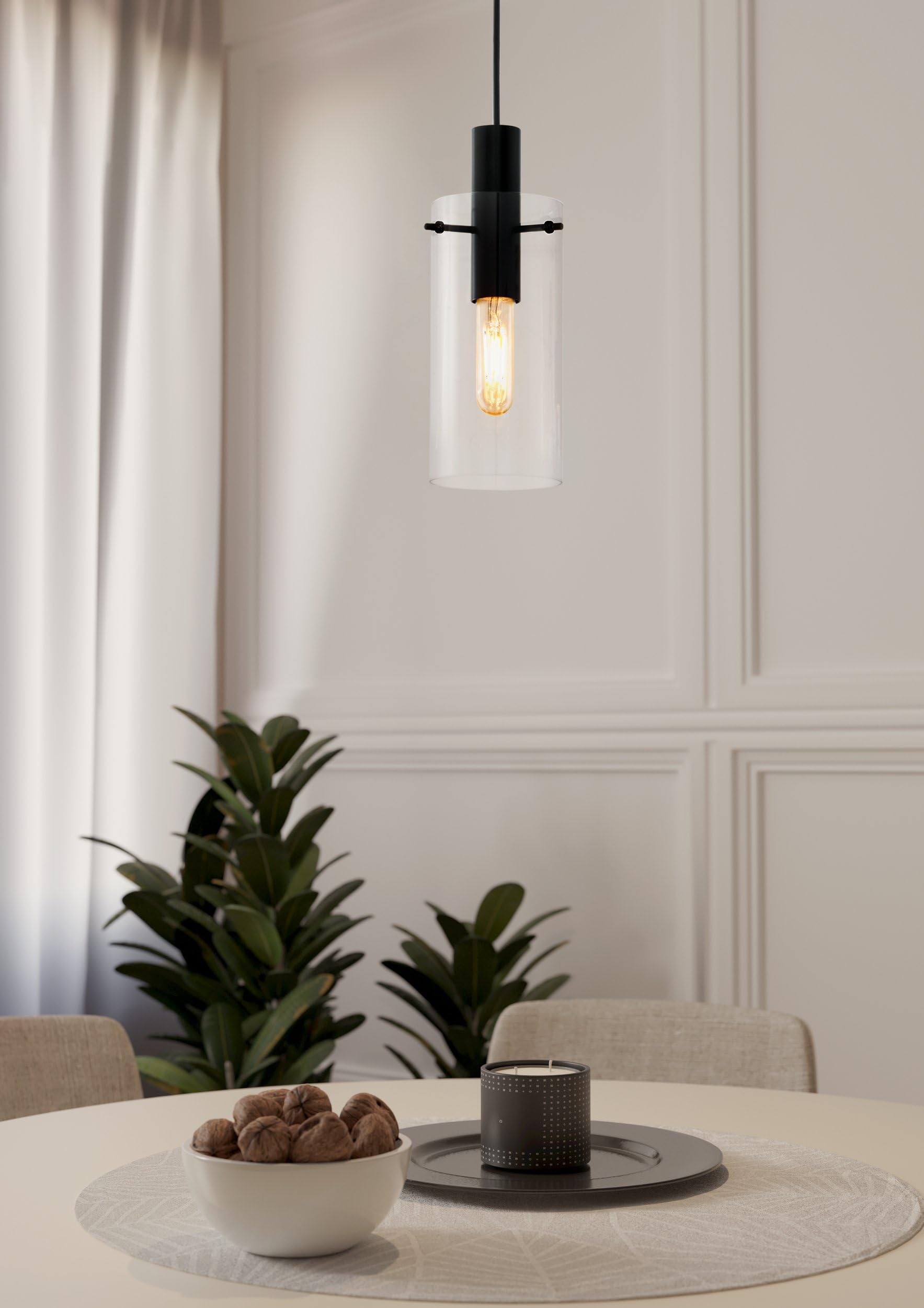 Eglo Lámpara colgante Montefino, lámpara suspendida de una luz, lámpara de techo de metal negro y cristal transparente, lámpara de comedor, lámpara de salón colgante con casquillo E27