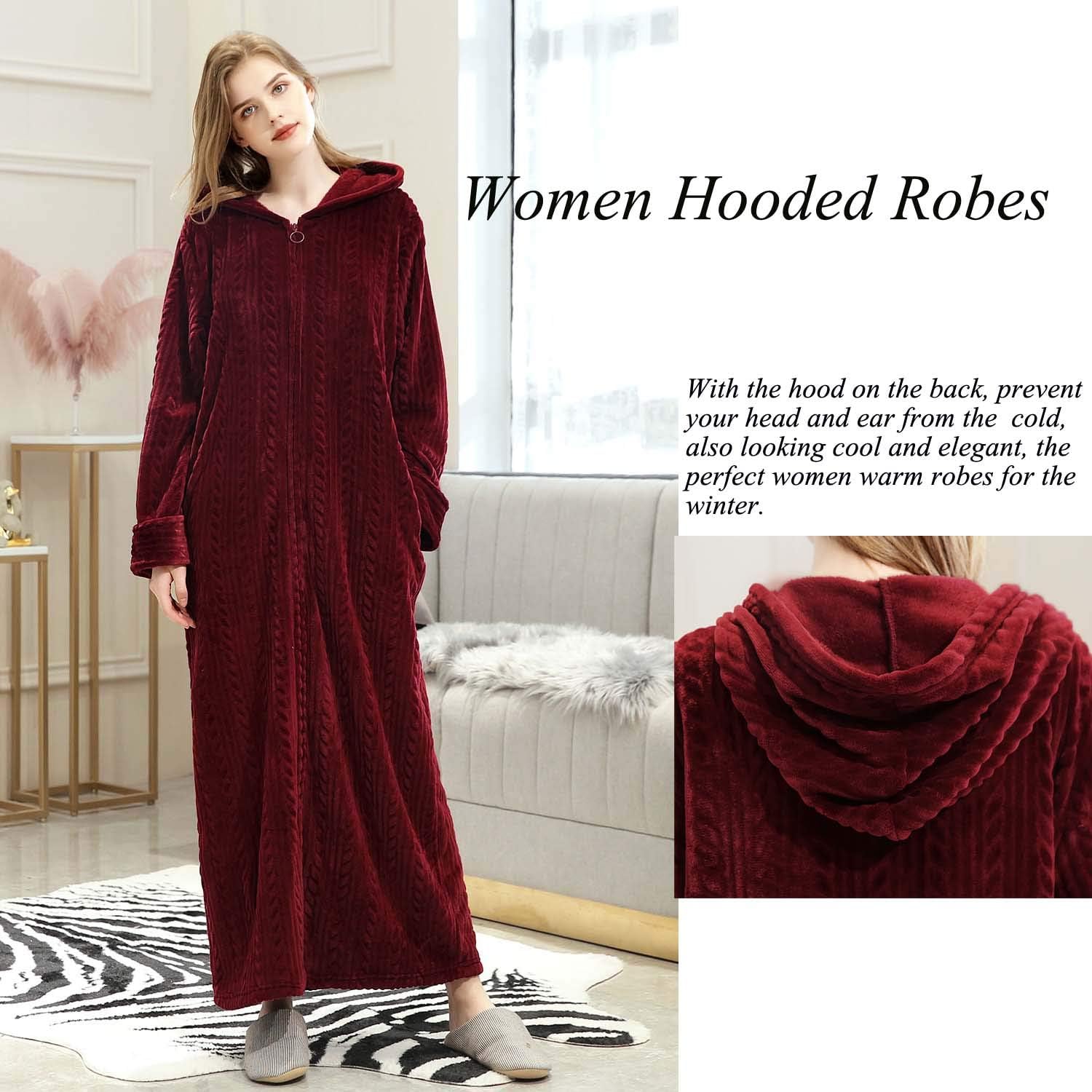 Hellomamma Long Hooded Zipper Bathrobe for Womens Flannel Fleece Robes Winter Warm Housecoat Nightgown Sleepwear Pajamas - Image 2