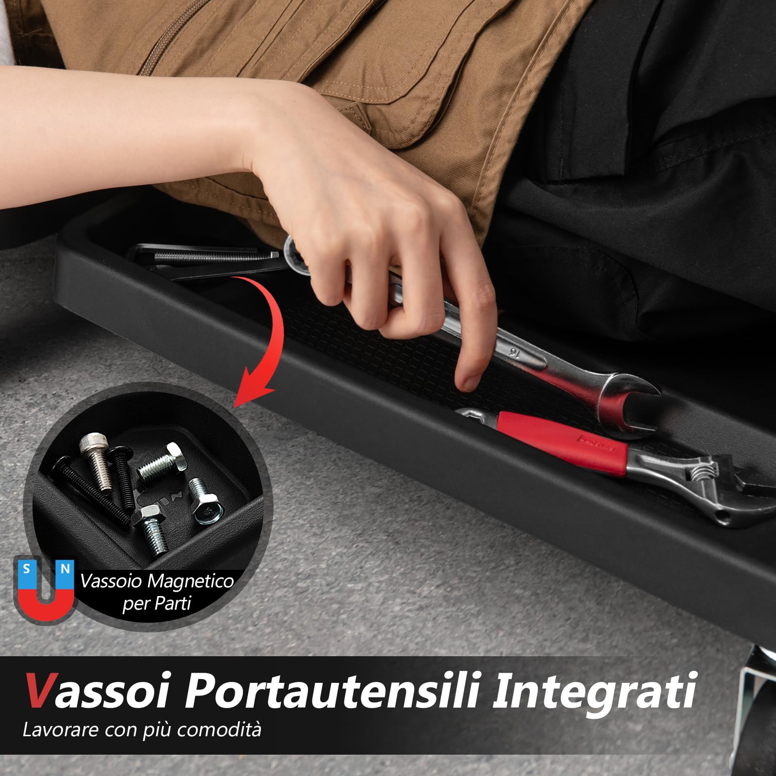 COSTWAY Carrello Sotto Auto Pieghevole, Lettino Sottomacchina da Meccanico con Poggiatesta Imbottito e Vassoio Portautensili, Portata 158 kg, Sdraio da Officina con Ruote per Garage e Riparazioni Auto