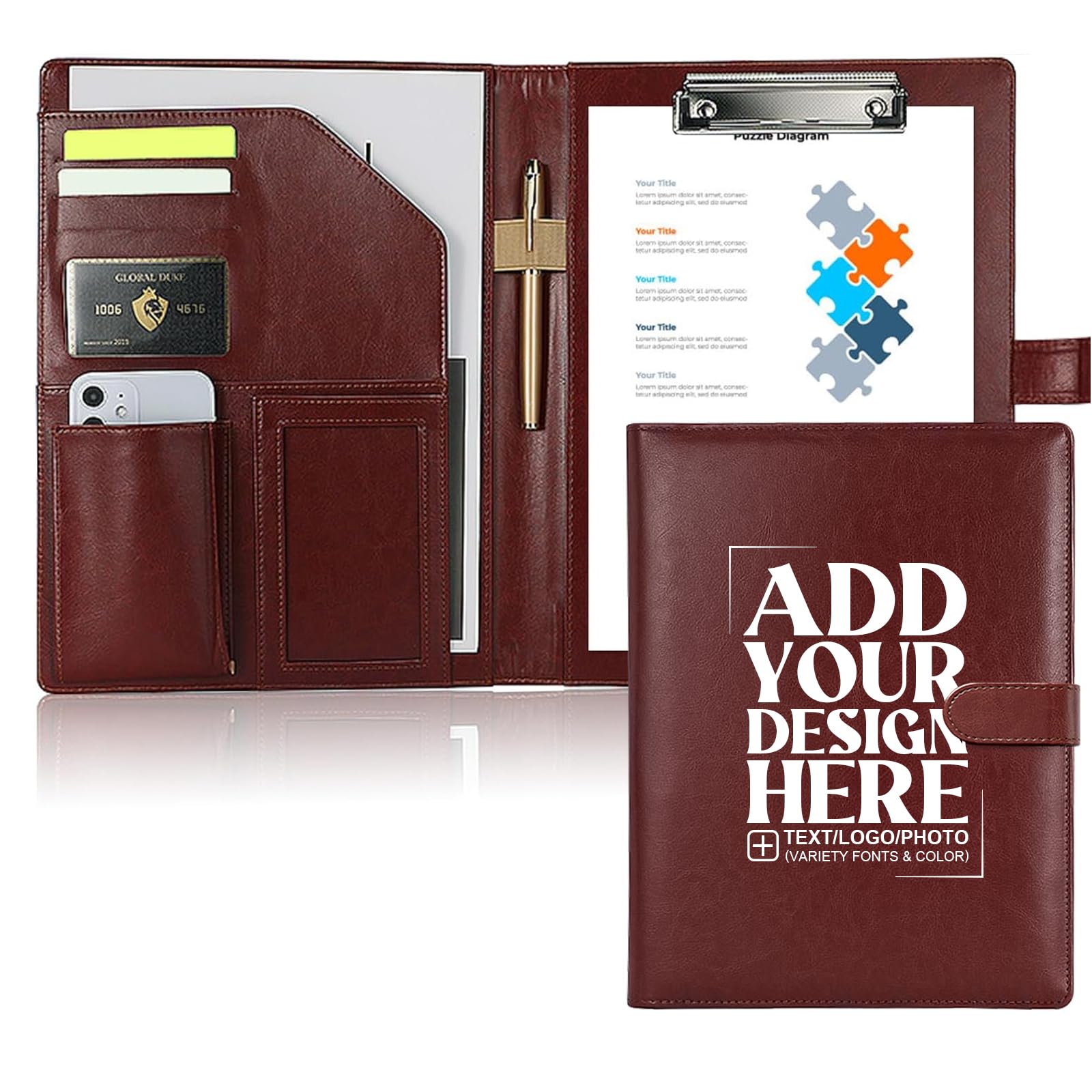 Personalised Portfolio Folder A4 Customised Leather Padfolio with Logo or Text - Ideal for Conference, Resumes, Interviews, and Professional Business Use, Brown