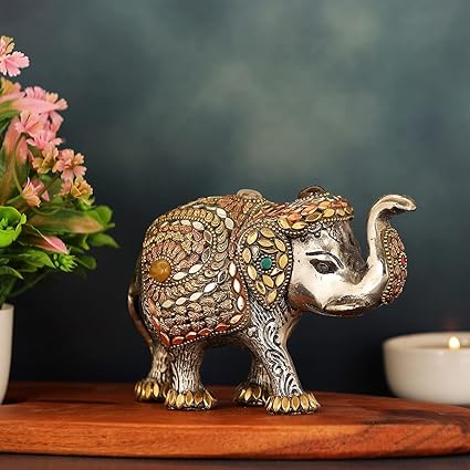 NM Aluminium Elephant with Metal Beads Decoration Figurine