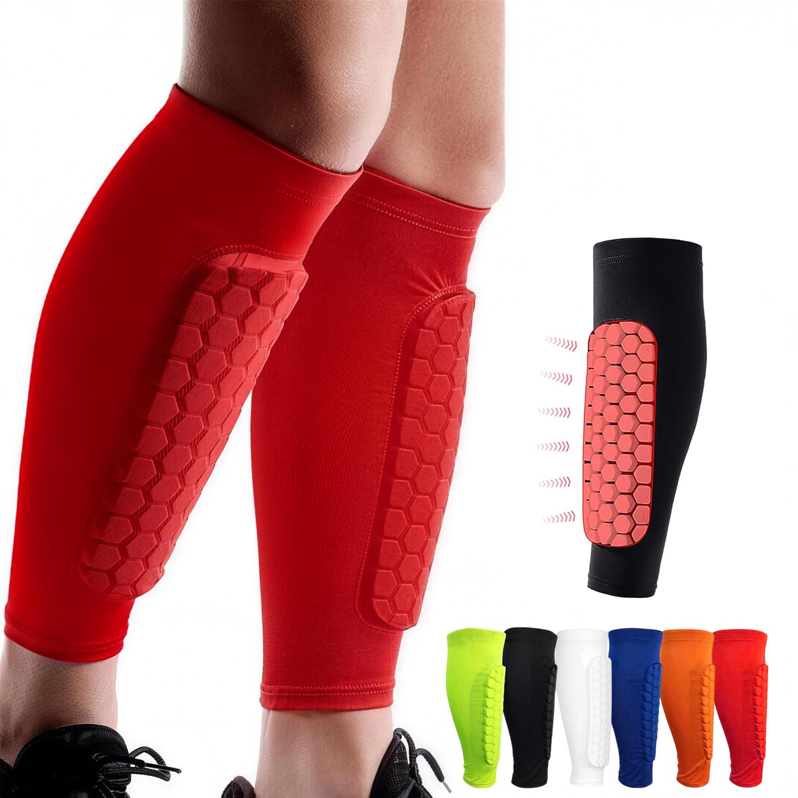 Shindefender Shin Guards Pads, Honeycomb Compression Sleeve Football Shin Guards for Boys, Teenagers and Adults, Soccer Defender Pads with Superior Impact Absorption, Lightweight (Red, XS) — image 1