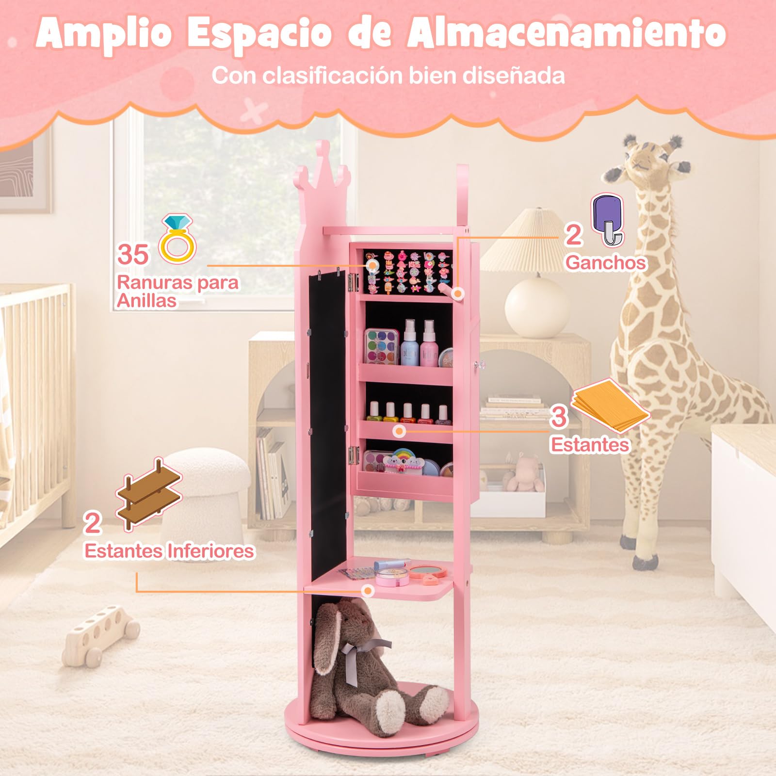 COSTWAY Armario de Joyería para Niñas, Espejo Joyero de Cuerpo Entero de Pie con Base Giratoria y Gran Capacidad de Almacenamiento, Armario para Joyas con Espejo y Perchero (Rosa)
