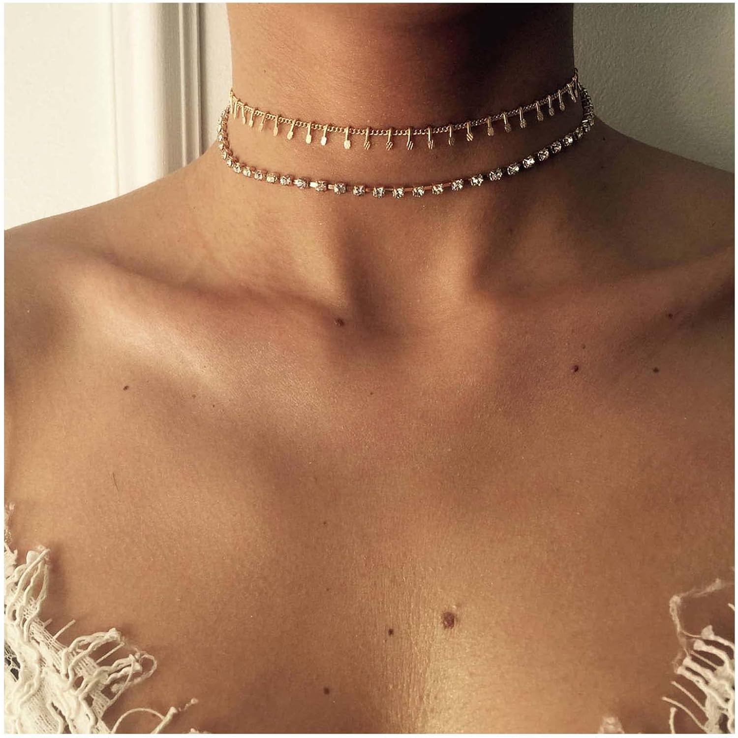 Andelaisi Boho Rhinestone Tennis Choker Necklace Crystal Rhinestone Necklace Gold Layered Rhinestone Necklaces Chain Vintage CZ Choker Necklace Chain Jewelry for Women - Image 2