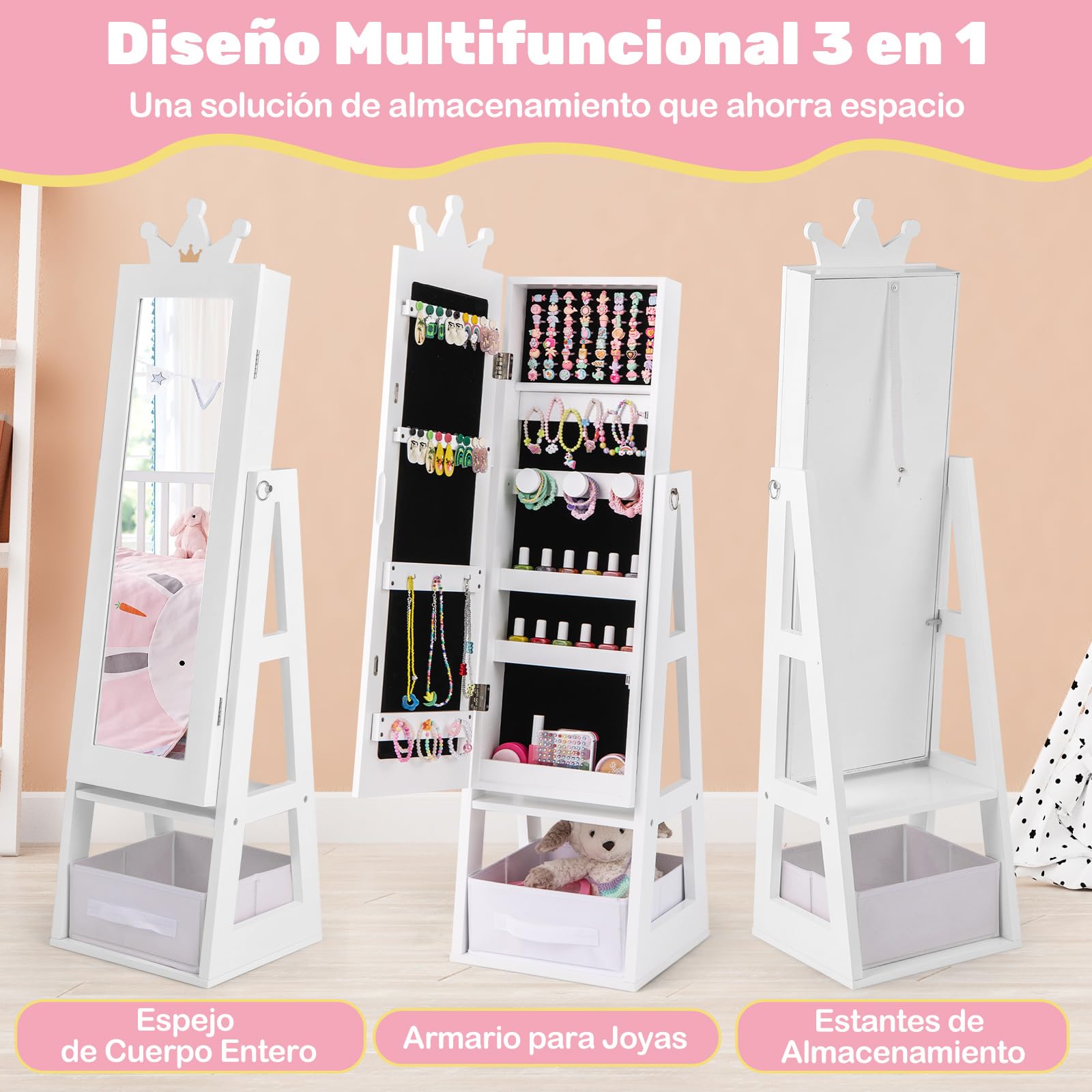 COSTWAY Armario de Joyería para Niñas con Espejo, Espejo Joyero de Cuerpo Completo con Gran Capacidad de Almacenamiento, Armario para Joyas Infantil con Ganchos, Estantes y Cajón (Blanco)