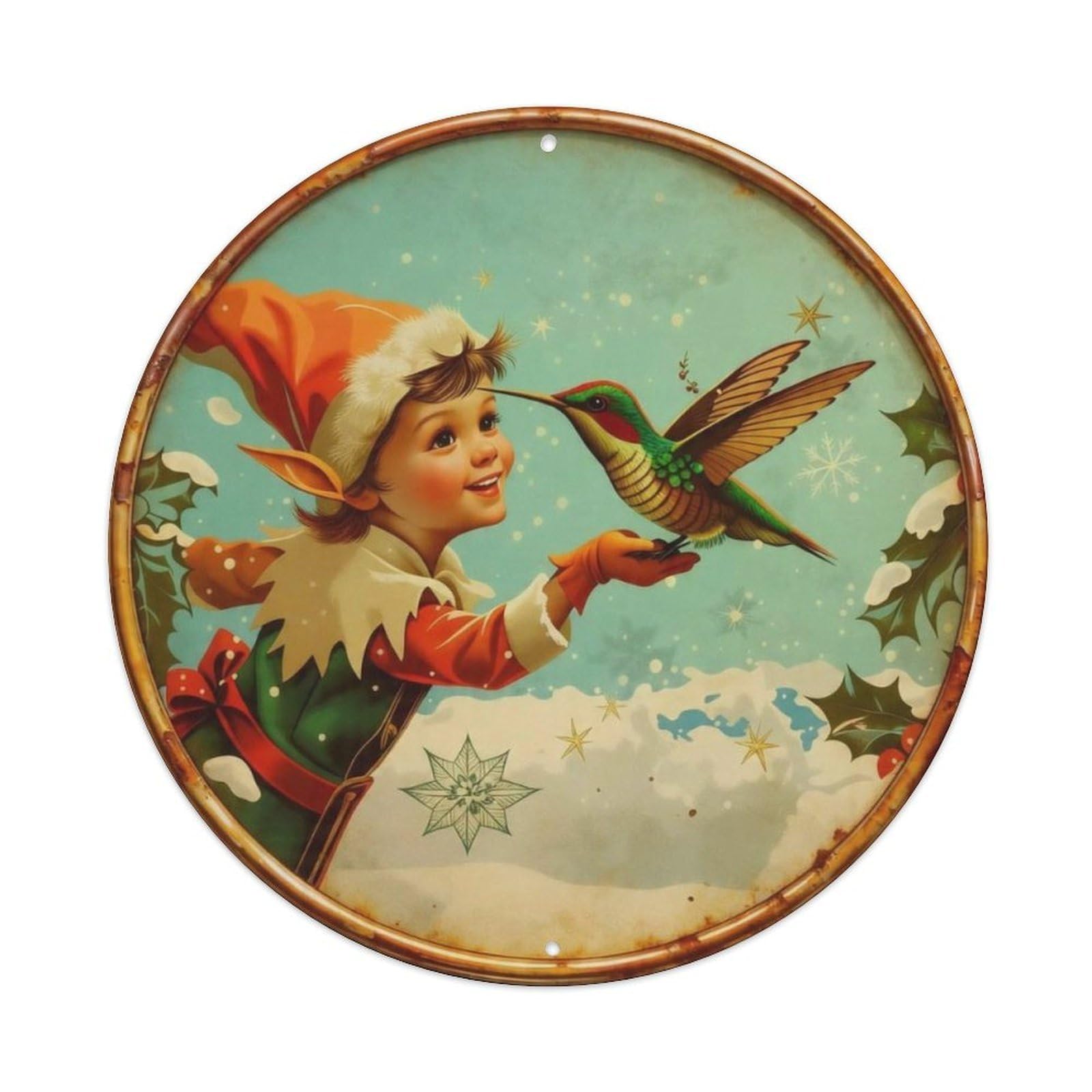 Vintage Christmas Elf Hummingbird Snow Scene Round Sign Vintage Aluminium Metal Sign, Retro Wall Decor for Home, Bar, Garage & Farmhouse 20x20cm