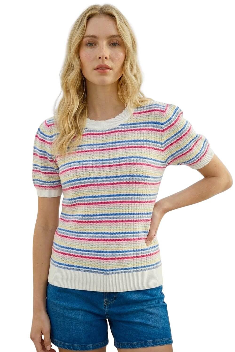 Roman Originals Women's Multicolour Scallop Edge Stripe Knit Top For Uk - Everyday Holiday Spring Summer Round Neckline Comfy Soft Evening Vacation Work Party - Multi Stripe - Size 12