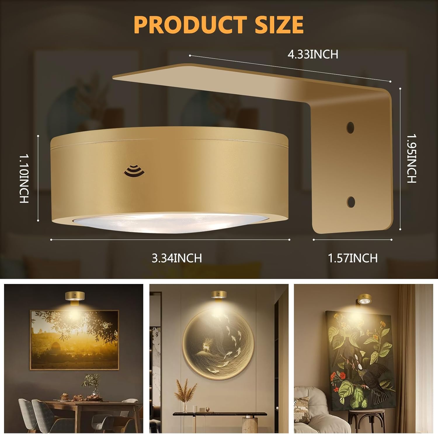 3Pack Gold Battery Operated Picture Lights, Magnetic Wireless Led Display Frame Lights with Remote Dimmable and Timer, Cordless Art Accent Poster Gallery Lighting for Wall Paintings Photo