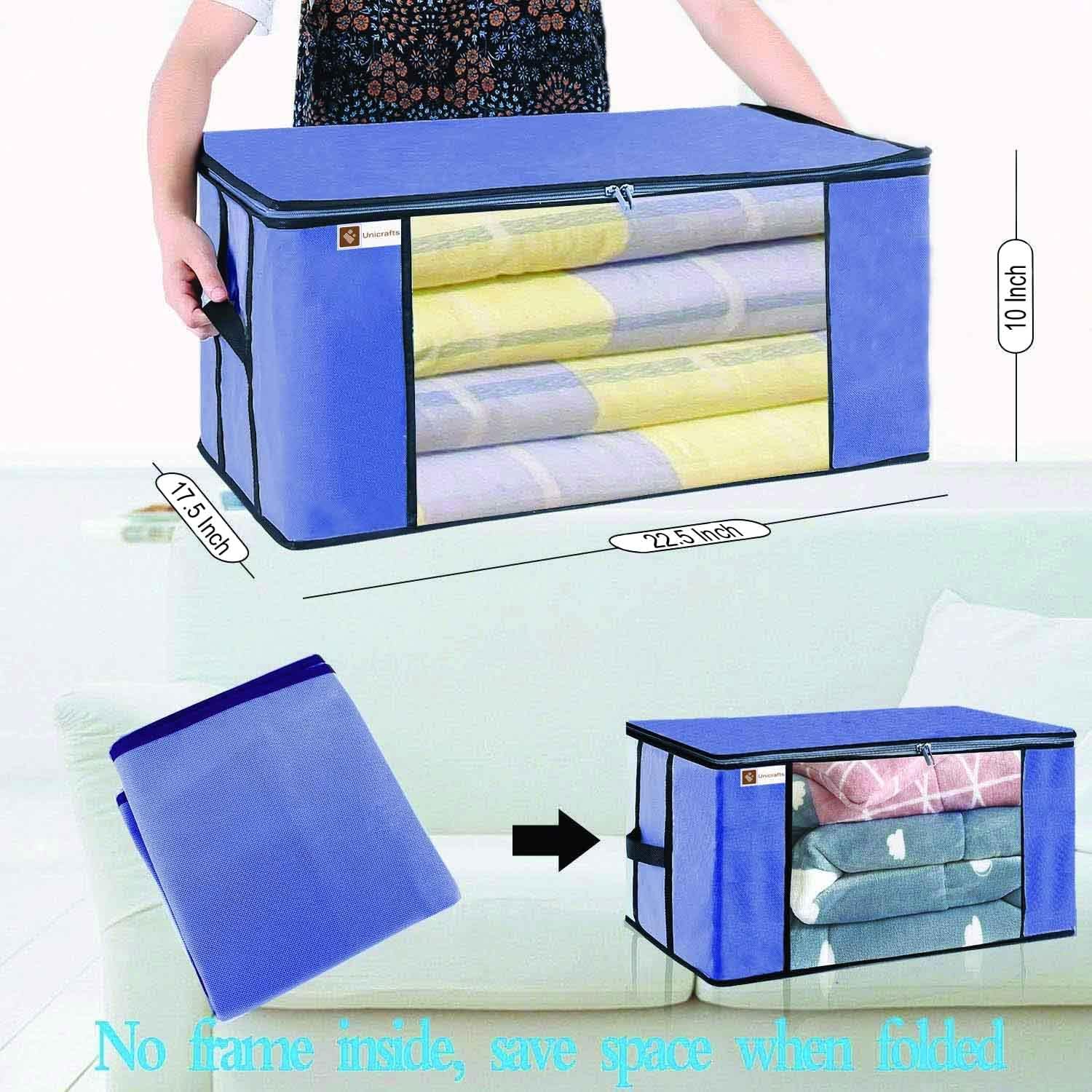 Underbed Rectangular Storage Organizer Blanket Transparent Window and Side Handles Storage Bag for Wardrobe Pack of 2 Pc, Blue, Standard