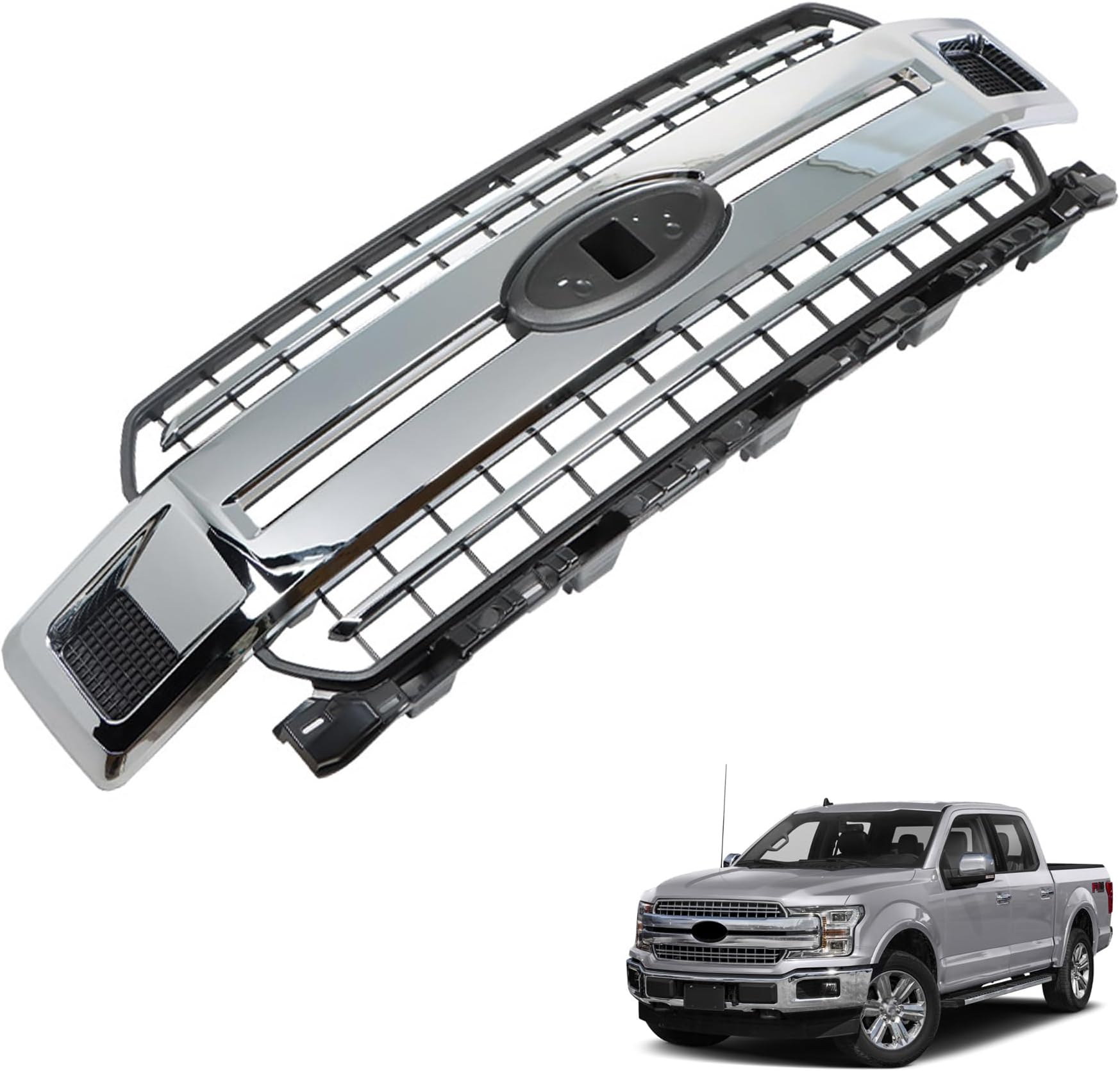 munirater Front Bumper Radiator Grille Assembly Chrome with Base Rail Replacement for 2018-2020 F150 Pickup 4-Door JL3Z8200EA