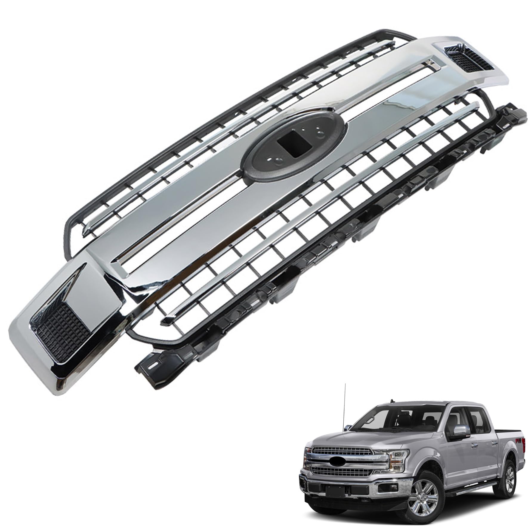 munirater Front Bumper Radiator Grille Assembly Chrome with Base Rail Replacement for 2018-2020 F150 Pickup 4-Door JL3Z8200EA
