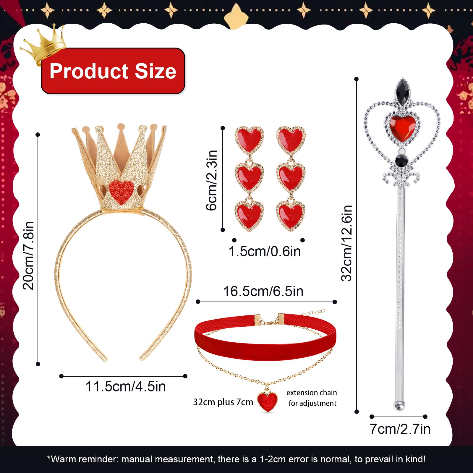 Spinosaurus 4 Pcs Queen of Hearts Accessories Sets,Gold Crown Headband Red Hearts Earrings Felt Choker Wand Fancy Dress Up Queen Costume Accessorie - Image 2