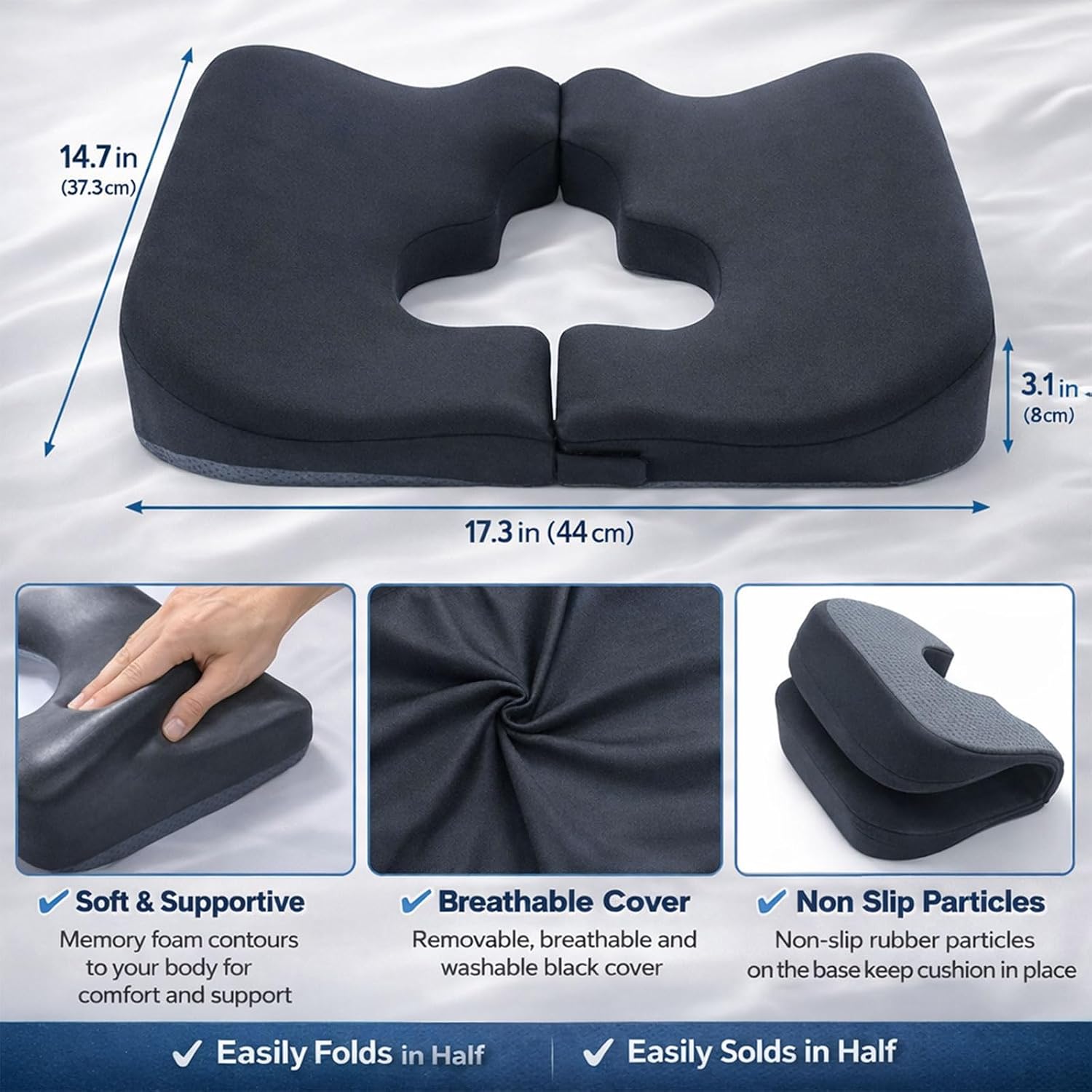 Bed Sore & Hemorrhoid Relief Cushion for Sitting, Memory Foam Pressure Relief Pillow with Center Hole & Tailbone Cutout, Support for Coccyx Pain, Sciatica, Postpartum, Pregnancy & After Surgery, Black