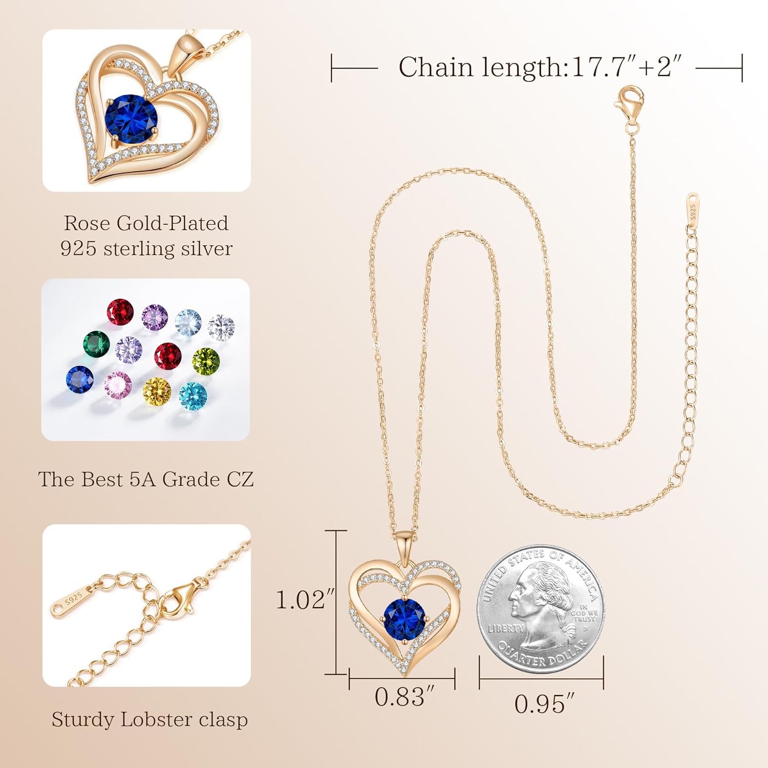 LOUISA SECRET Love Heart Birthstone Necklaces for Women, Birthday Gift for Girlfriend, Anniversary Jewelry Gift for Wife Her, 925 Sterling Silver Women Pendant Necklace, Mother's Day Christams Gift - Image 6