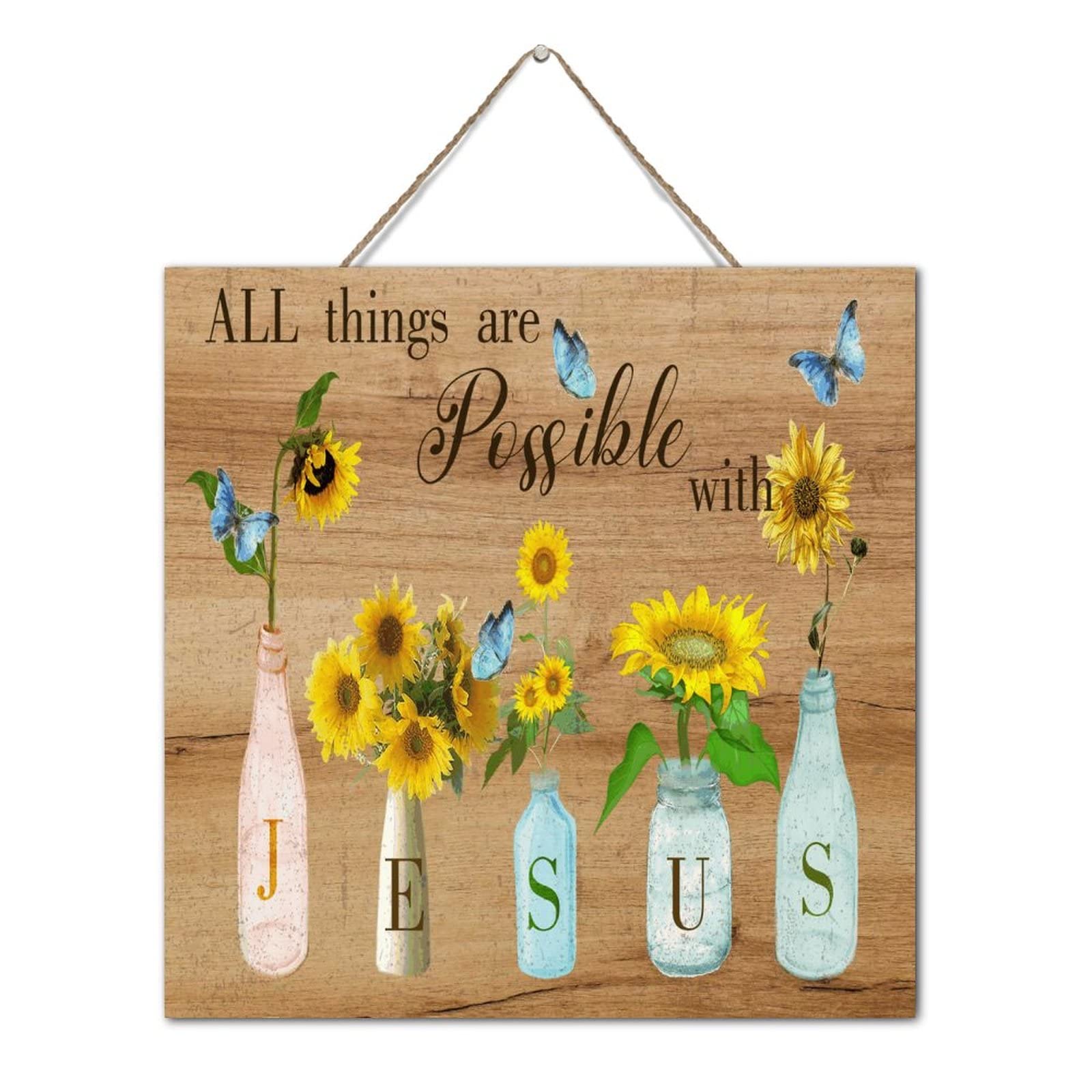 Décoration murale en bois vieilli Jésus Positive plaque bois 30,5 cm fleurs papillons