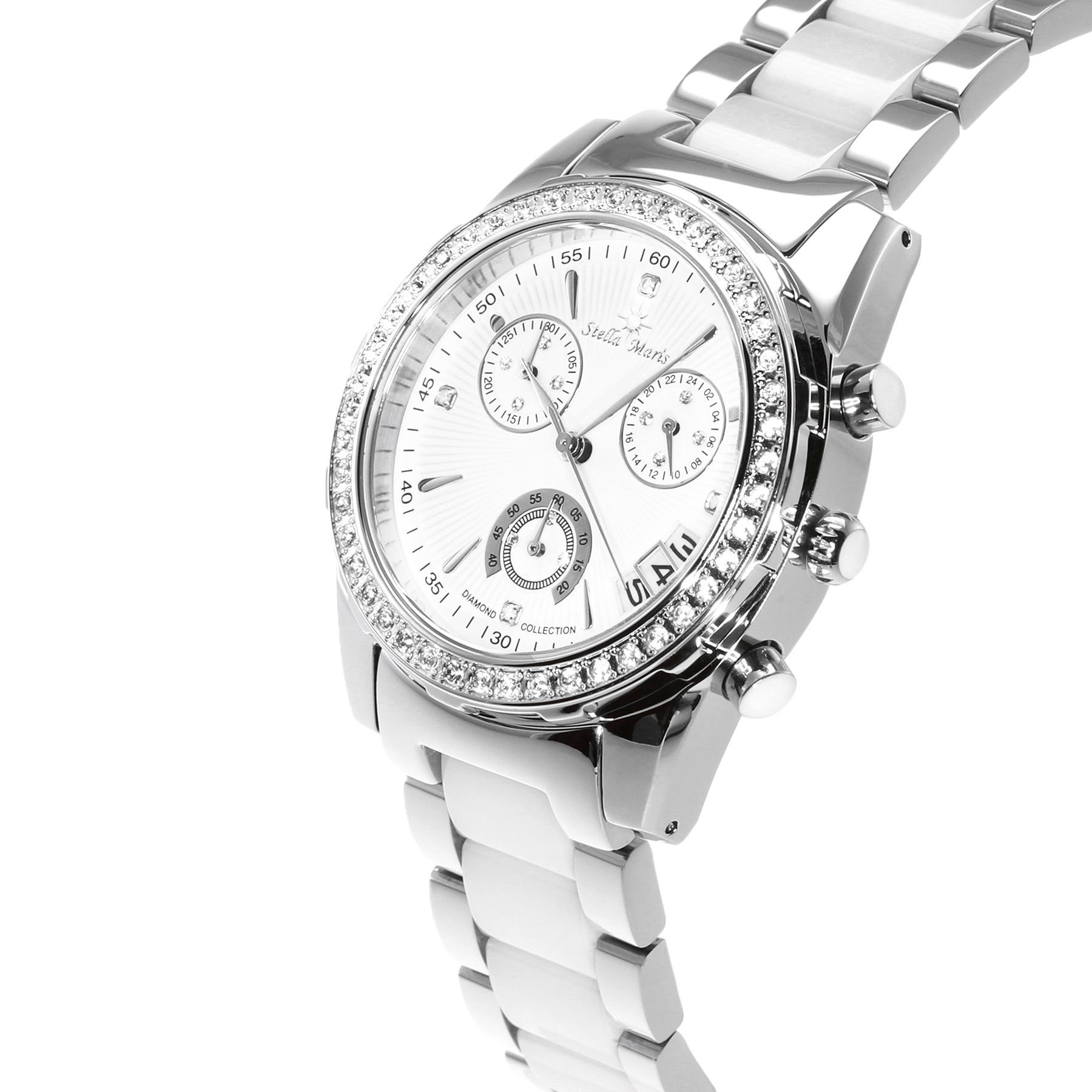 Stella Maris Damen Armbanduhr Analog Quarz Uhr Stilvolle Elegante Damenuhr Frauenuhr Weiß Silber Premium Keramik Armband Diamanten Swarovski STM15L9