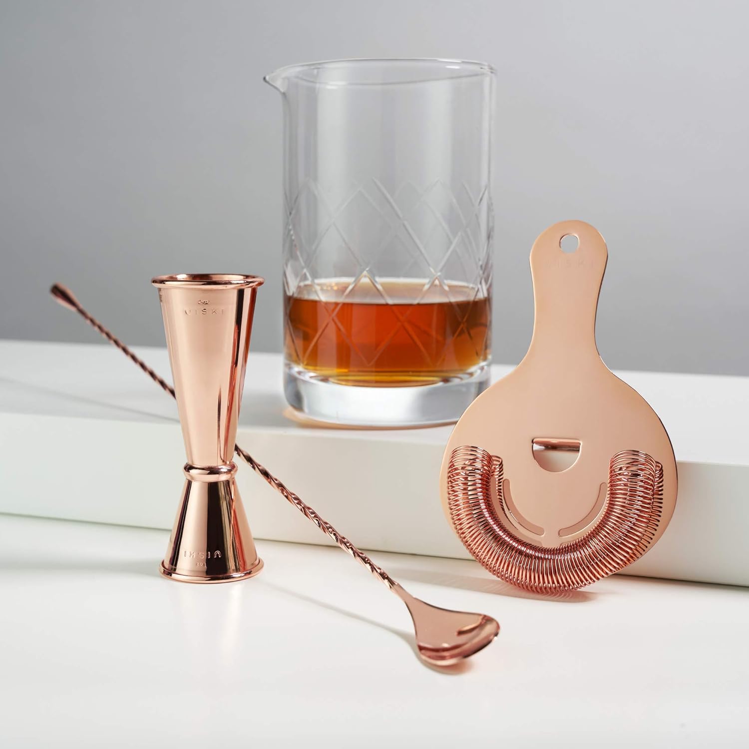 Viski Copper Bartender Kit 4pcs Set | Drink Mixers for Cocktails Gift Essentials: Mixing Glass, Hawthorne Strainer, Japanese-Style Double Jigger and Weighted Barspoon
