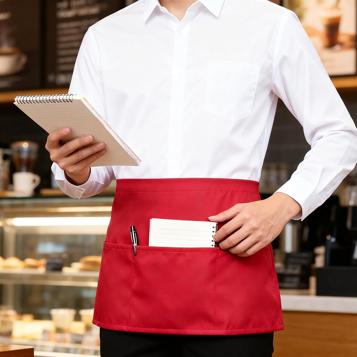 Red Half Apron with 3 Pockets Server Apron Unisex Waist Aprons for Waitress Waiter Polyester Waist Aprons Adjustable Ties