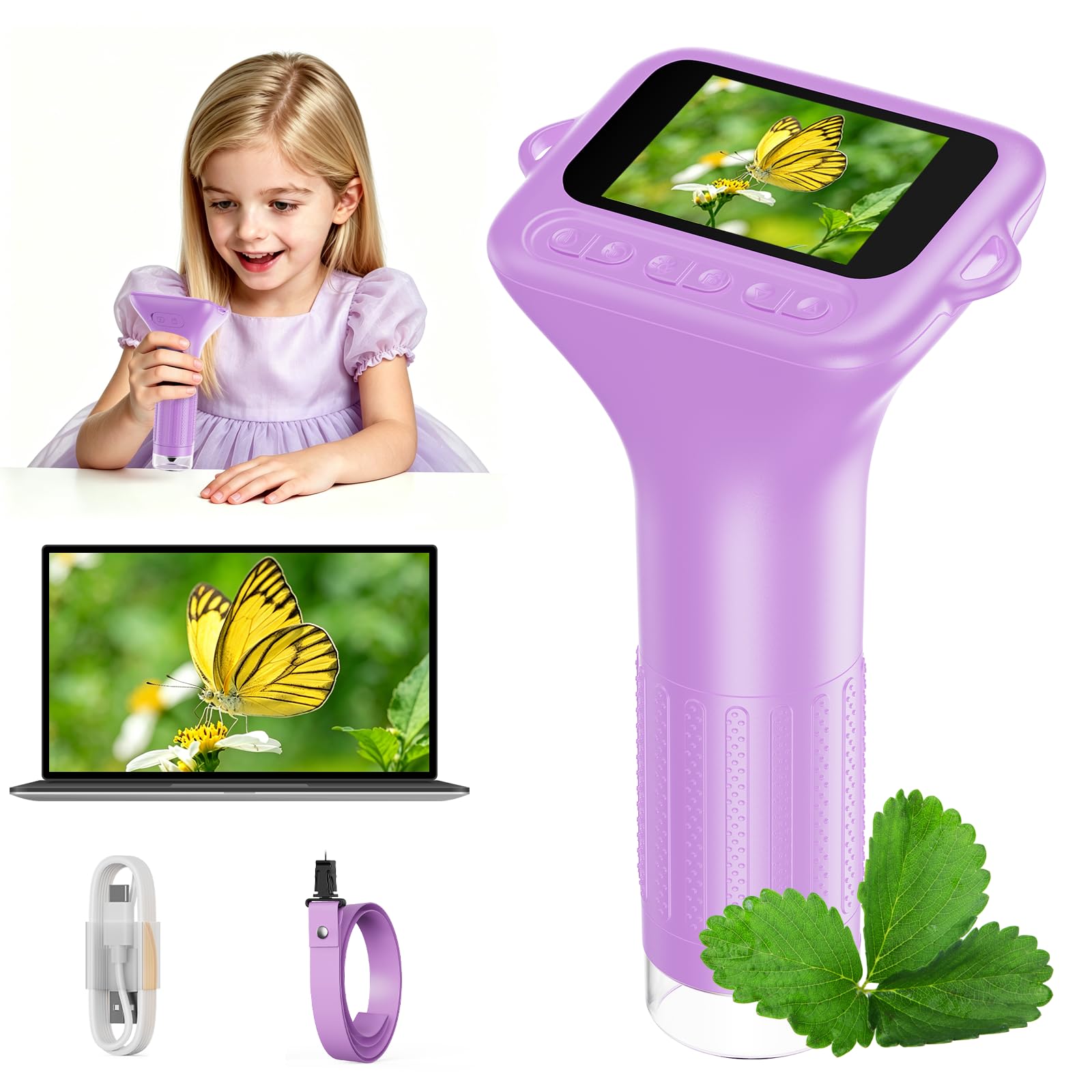 ASPOVEN Digital Microscope for Kids, 1000X Handheld Microscope with 2" IPS Screen, Photo & Video, Portable Microscope Camera for Kids, Educational Science Toy Gift for Boys & Girls (Purple)