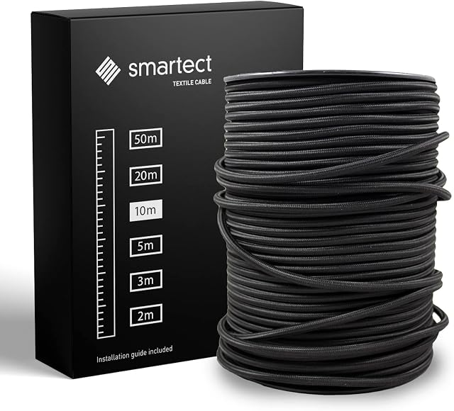 smartect Czarny Kabel Tekstylny, 10 Metrów Kabel w Oplocie Elektryczny, 3 Żyłowy (3 x 0,75 mm²) Elektryczny Kabel w Oplocie Tekstylnym do Własnych Projektów DIY