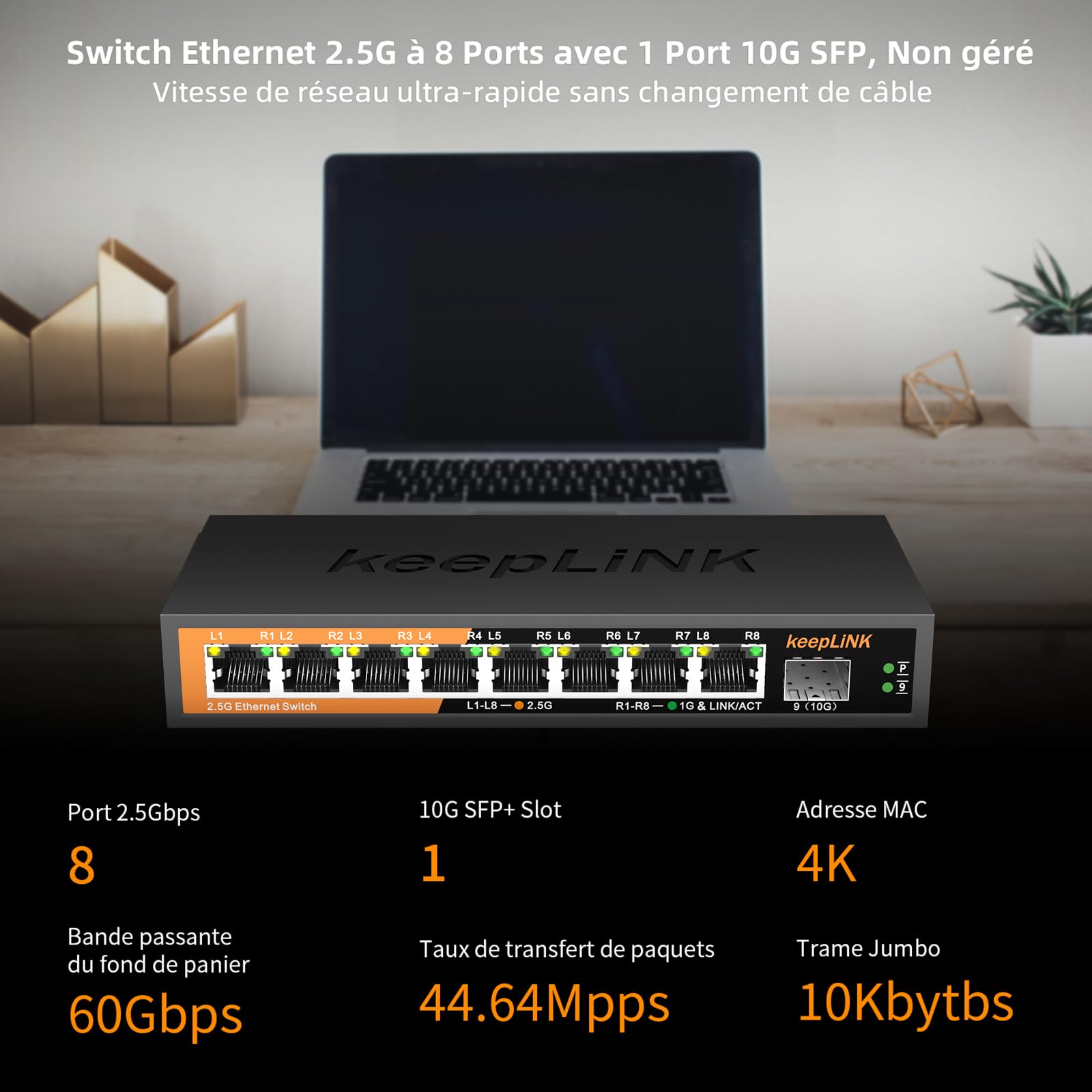 Switch Ethernet 2.5G 8 Ports, Switch Multi-Gigabit Non géré, Capacité de Commutation 60Gbps, Silencieux, sans Ventilateur, de Bureau / Montage Mural