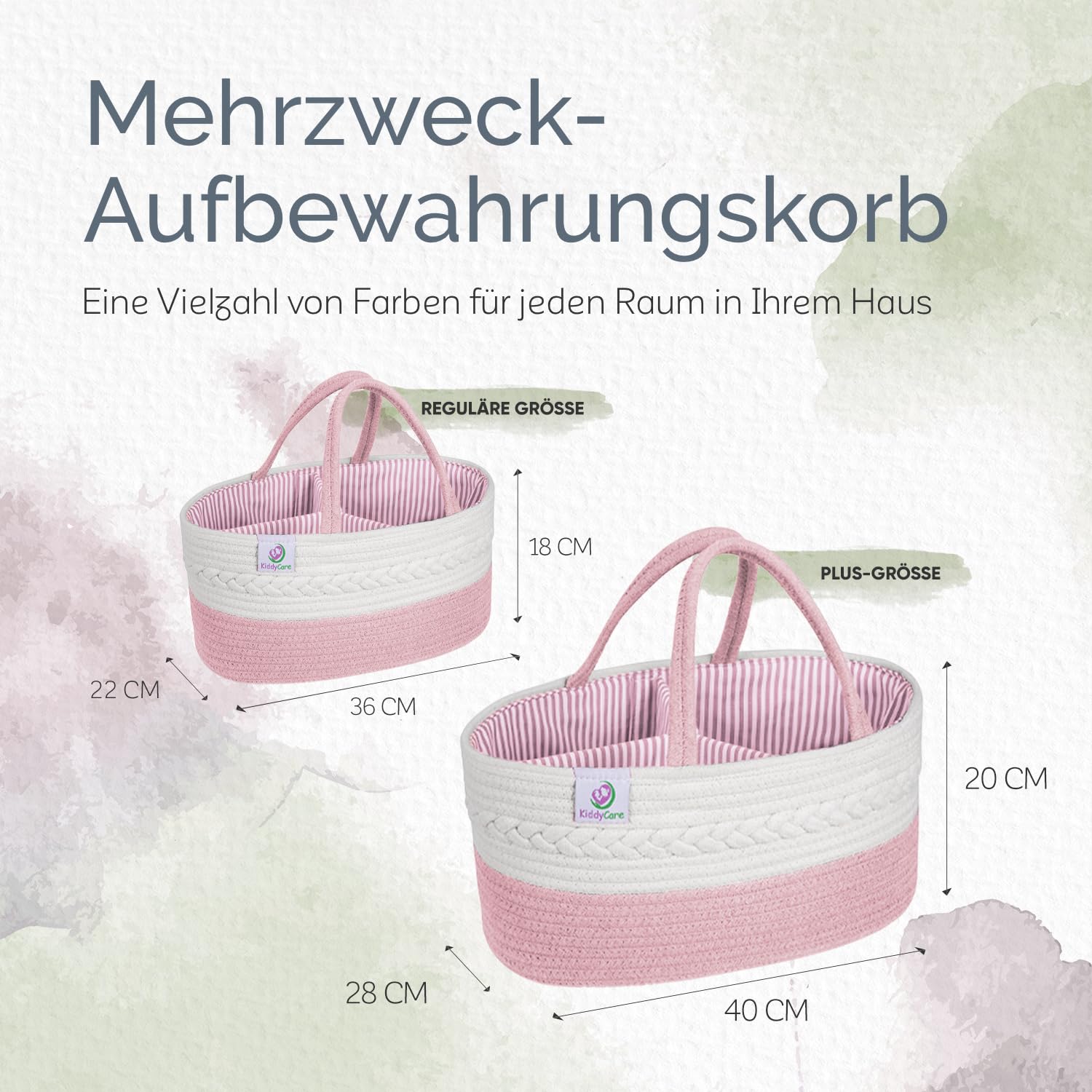 KiddyCare - Vielseitiger Wickelkorb und Windel-Organizer aus 100% Baumwolle und Gewebtem Seil, 3 Herausnehmbare Fächer, Ideal für Unterwegs, Babyshower Geschenk [Pink, Normale Größe]