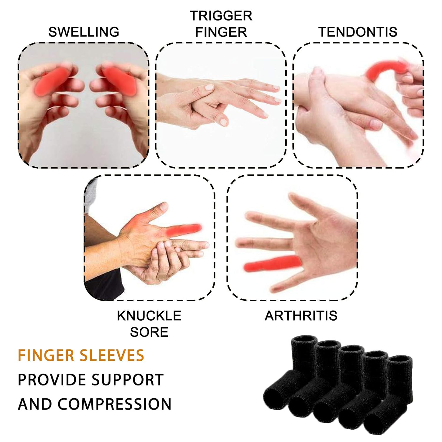 Finger Sleeves , Thumb Splint Brace For Finger Support, Breathable Elastic Finger tape, Compression pression Protector For Reliving Pain, Triggger Finger, Compression Aid For Sports, 10PCS (black) : Health & Household