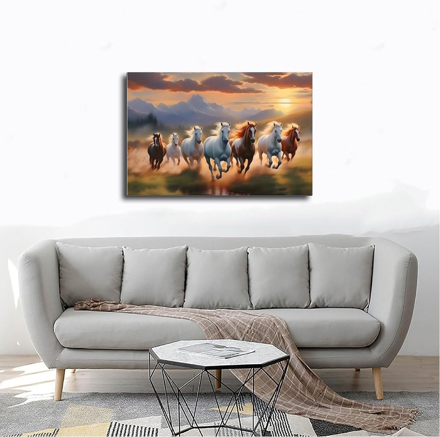 Seven Lucky Running Wild Horses Wall Art Animal Posters 7 Horses Running Painting 3 Canvas Poster Wall Art Decor Print Picture Paintings for Living Room Bedroom Decoration Frame-style Frame-style12x1