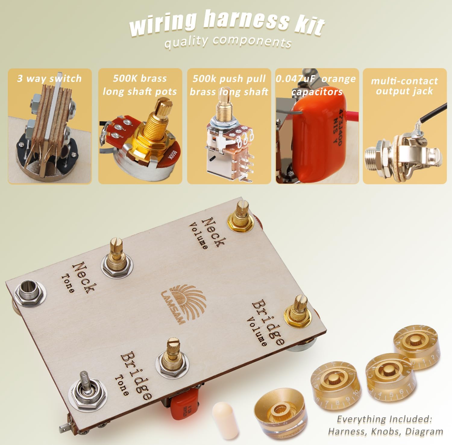 Wiring Harness Kit 2V2T for Les Paul Style Guitars – Prewired Push‑Pull Coil Split 4‑Conductor Humbucker Pickups, Full‑Size 500K Pots, .047uF Orange Caps, 3‑Way Toggle Switch, Output Jack & Knobs