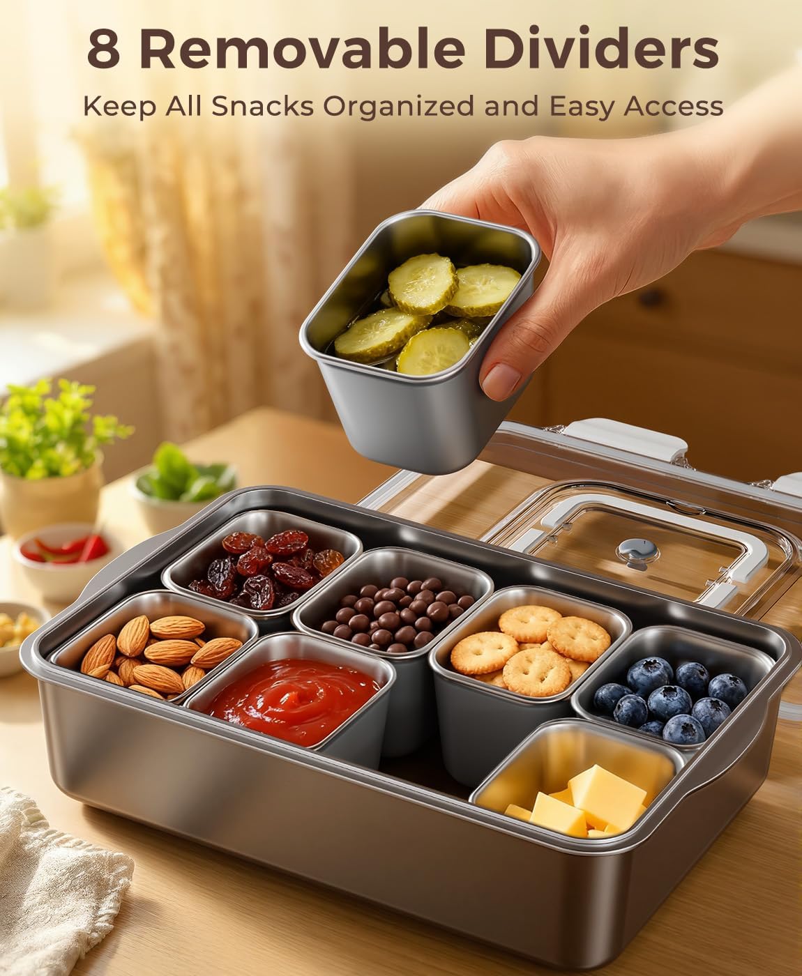 Stainless Steel Snackle Box Container with 8 Removable Silicone Sleeve Armored Metal Compartments Dish Washer Safe Snack Containers with Portable Handle for Parties, Housewarming, Mother's Day