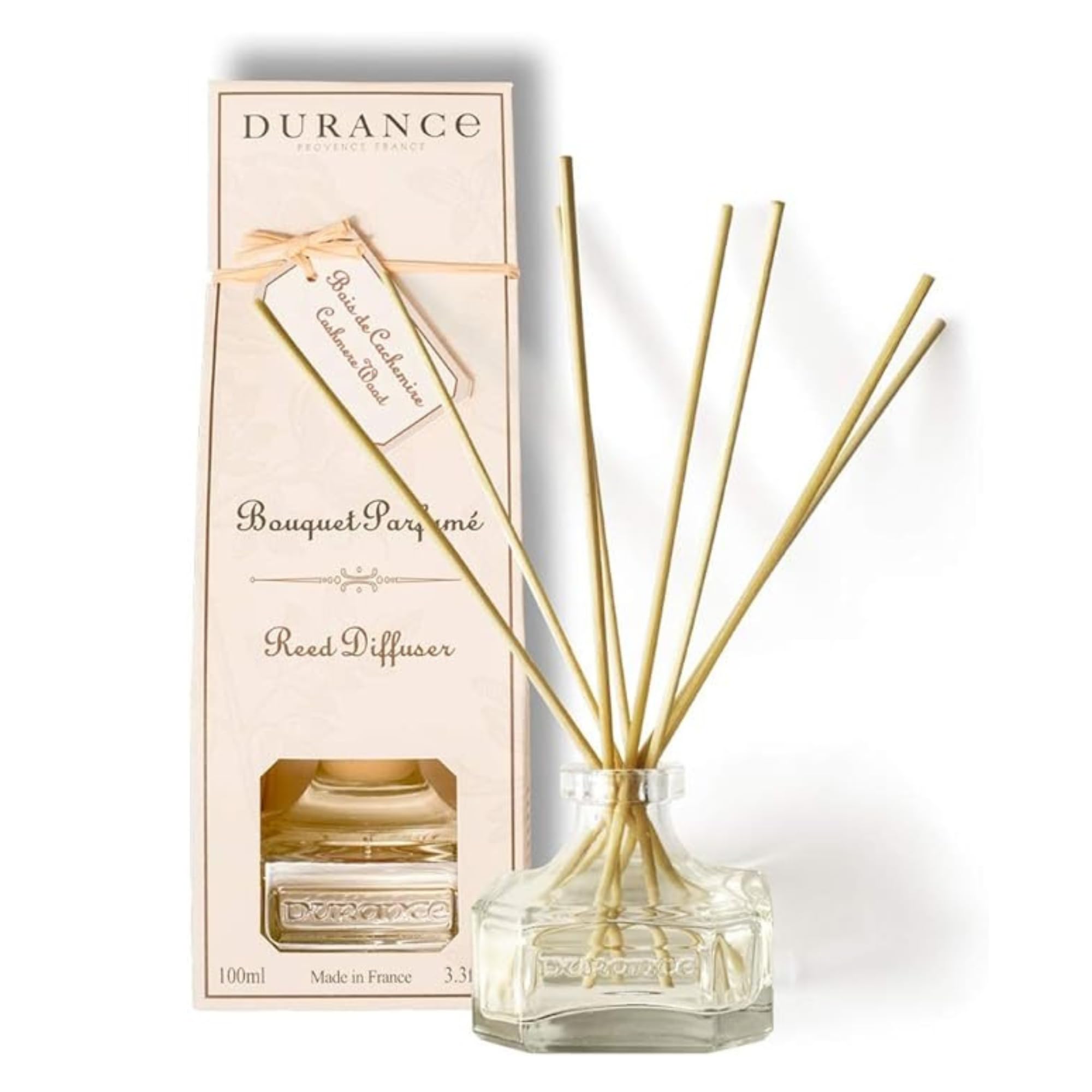 DURANCE Scented Reed Diffuser 100ml - Cashmere Wood Fragrance - Glass Bottle & 8 Reed Sticks - Aromatherapy Air Freshener - Room Fragrance