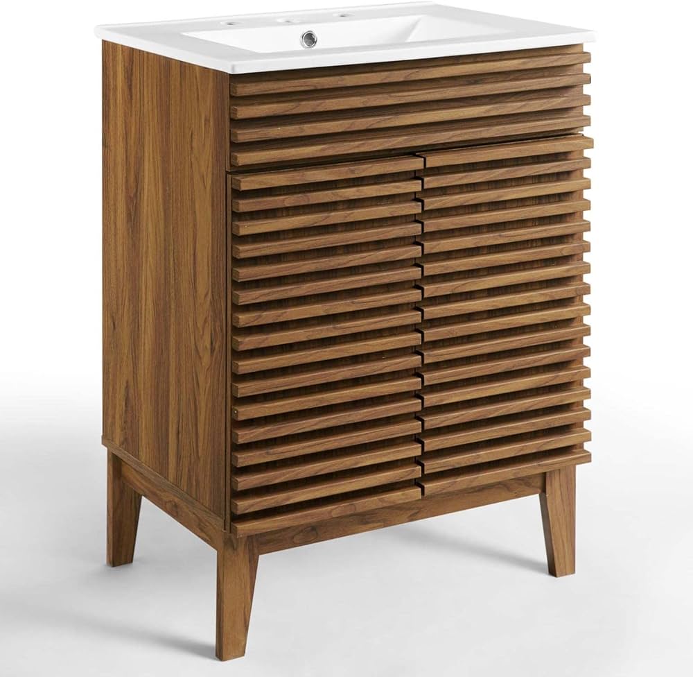 Modway Render Mid-Century Bathroom Vanity With Sink in Walnut White,24 Inch