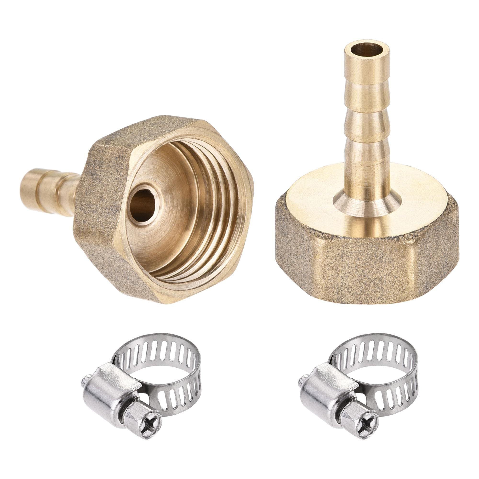 TA-VIGOR Brass Barb Hose Fitting Coupler, 6mm Barb G3/8 Female Thread Pipe Fitting Adapter, Hose Pipe Barbed Tail Connector with 6-12mm Clamp for Garden Plumbing Air Water Oil - 2PCS