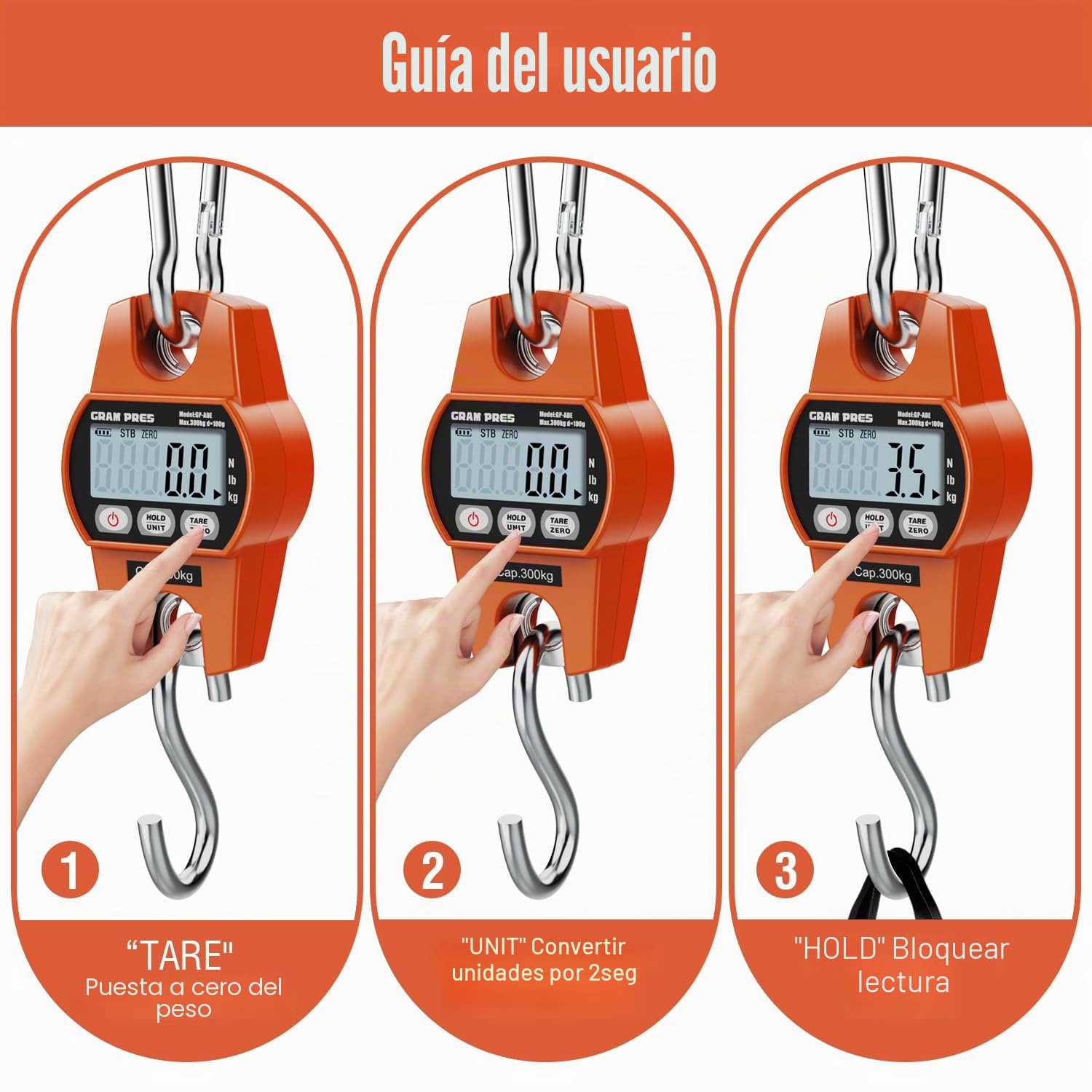 GRAM PRES Báscula colgante digital, mini báscula de grúa 300KG/100g, báscula para caza de ciervos, báscula digital con gancho para granja, pescado, equipaje, actividades al aire libre.
