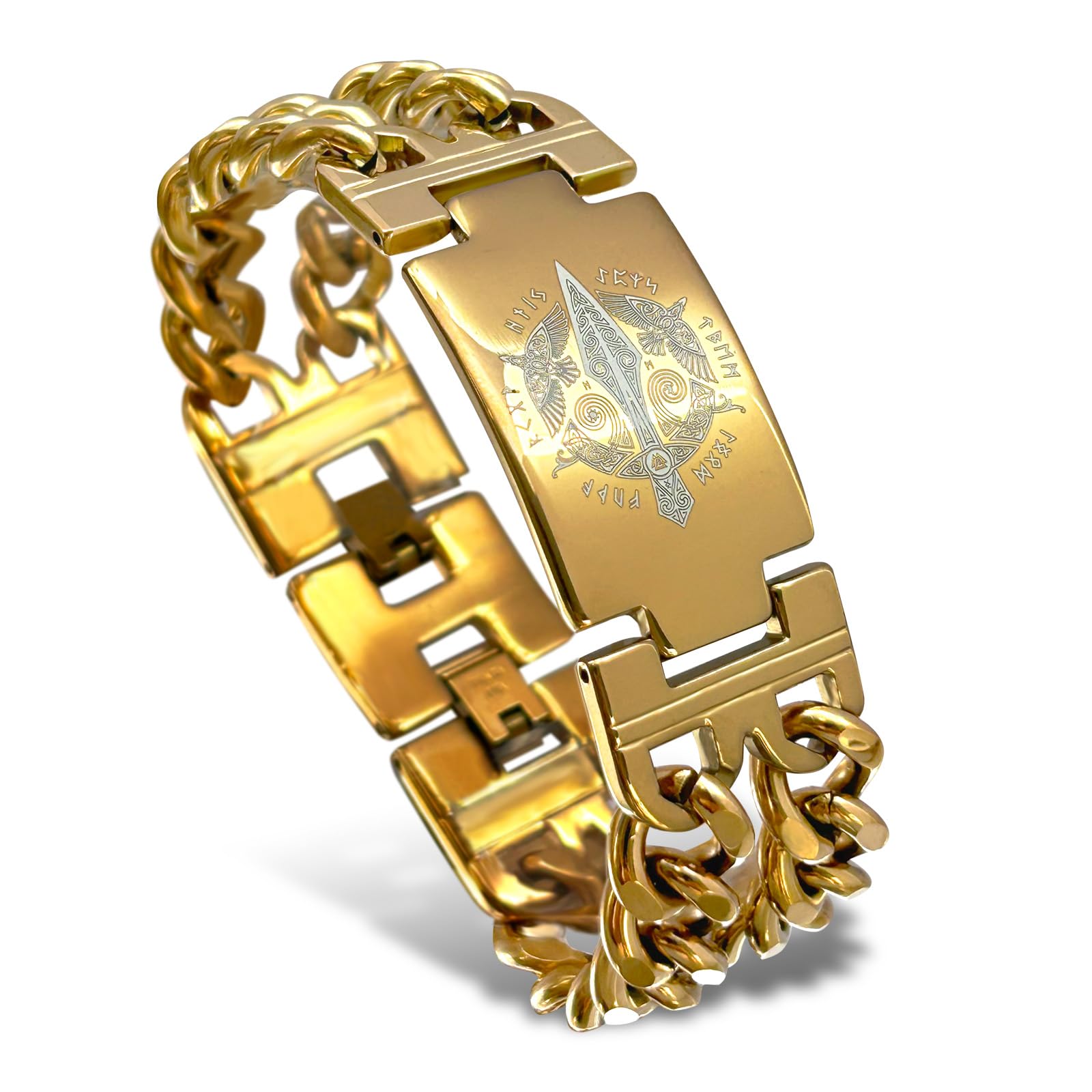 bahamutMens Viking Odin Gungnir Mjolnir Stainless Steel Cool Cuban Chain Link Bracelet for Men,Norse Cuff Wristband Jewelry