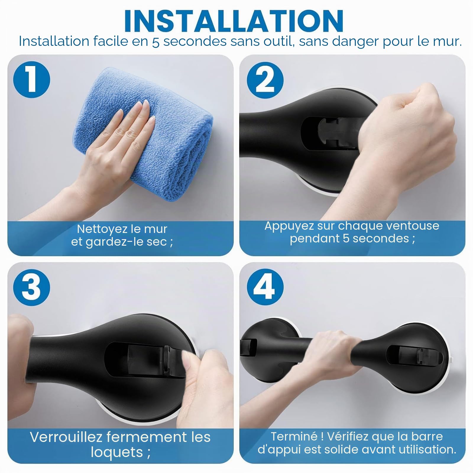 Poignée Ventouse, Poignée de Douche Sans Percage 2 Pcs | Barre D'appui Ventouse,Capacité Portante 100kg Barre D'appui Douche pour Personnes Âgées,Handicapés,Enfants