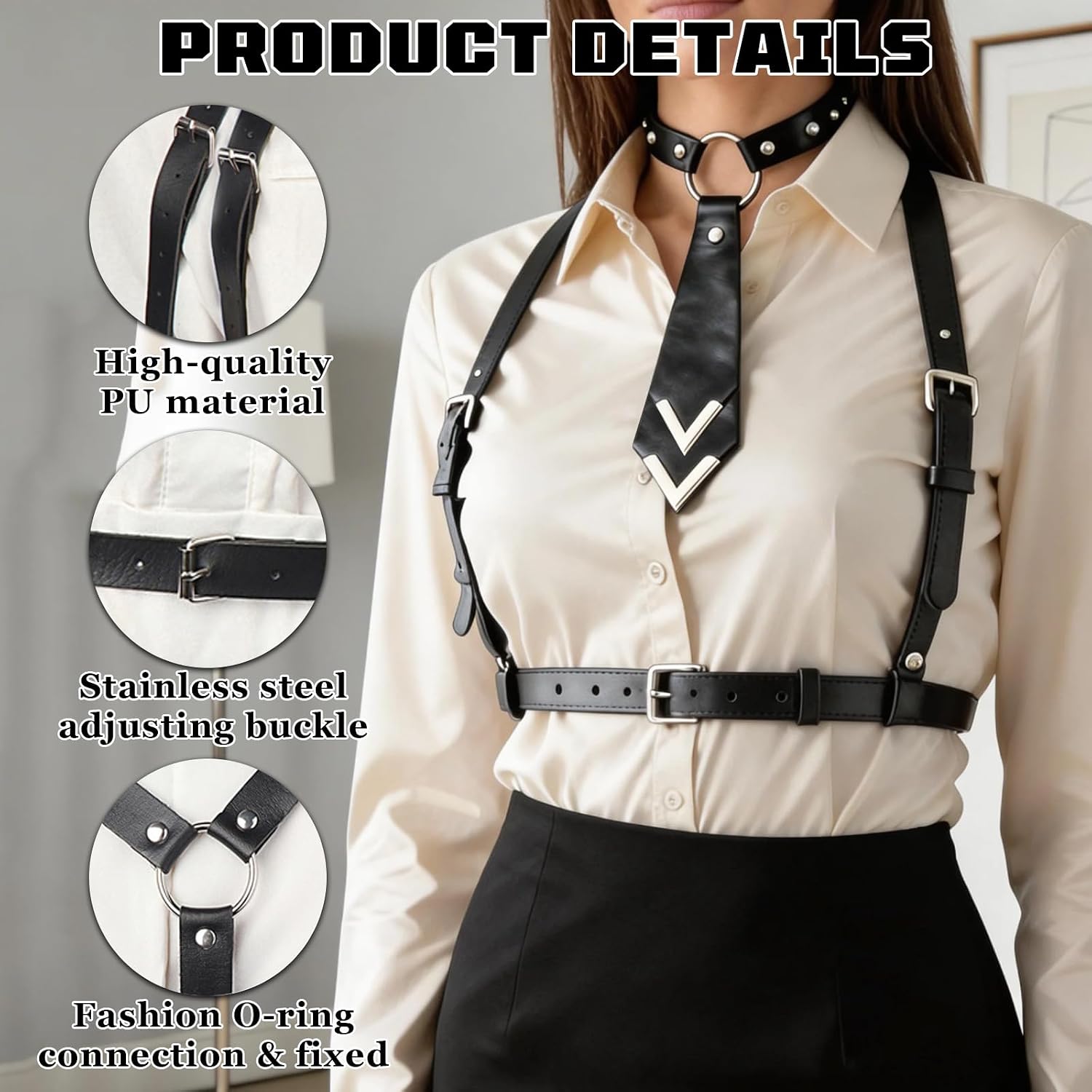 Leather Chest Harness for Women with Black Tie Necklace, Punk Body Harness Women Goth Waist with Adjustable Belt, Sexy Top & Punk Necktie Choker for NightClub, Dating, Party & Cosplay (Black)