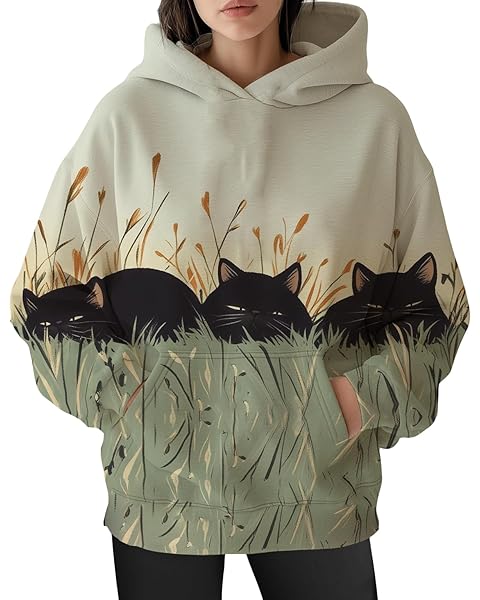 Womens Funny Cat Hoodies Oversized Graphic Hooded Sweatshirt for Women Fall Plus Si...