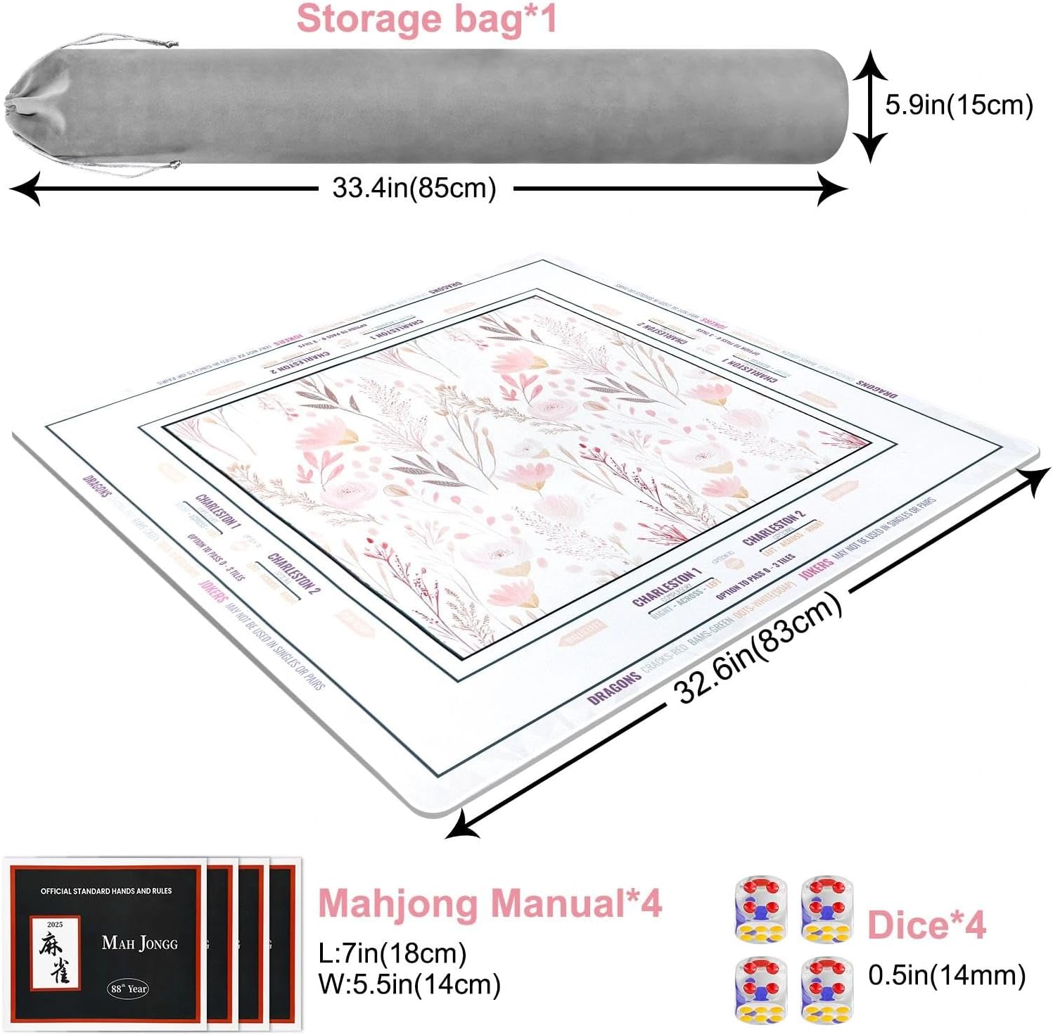 Yun-aeon Mahjong Mat 32.6"x32.6" - Aesthetic Soft Floral Pattern Non-Slip Mahjong Mat, Waterproof Table Protector for Card Games, Poker, Dominoes & Board Games, with Dice & Velvet Bag