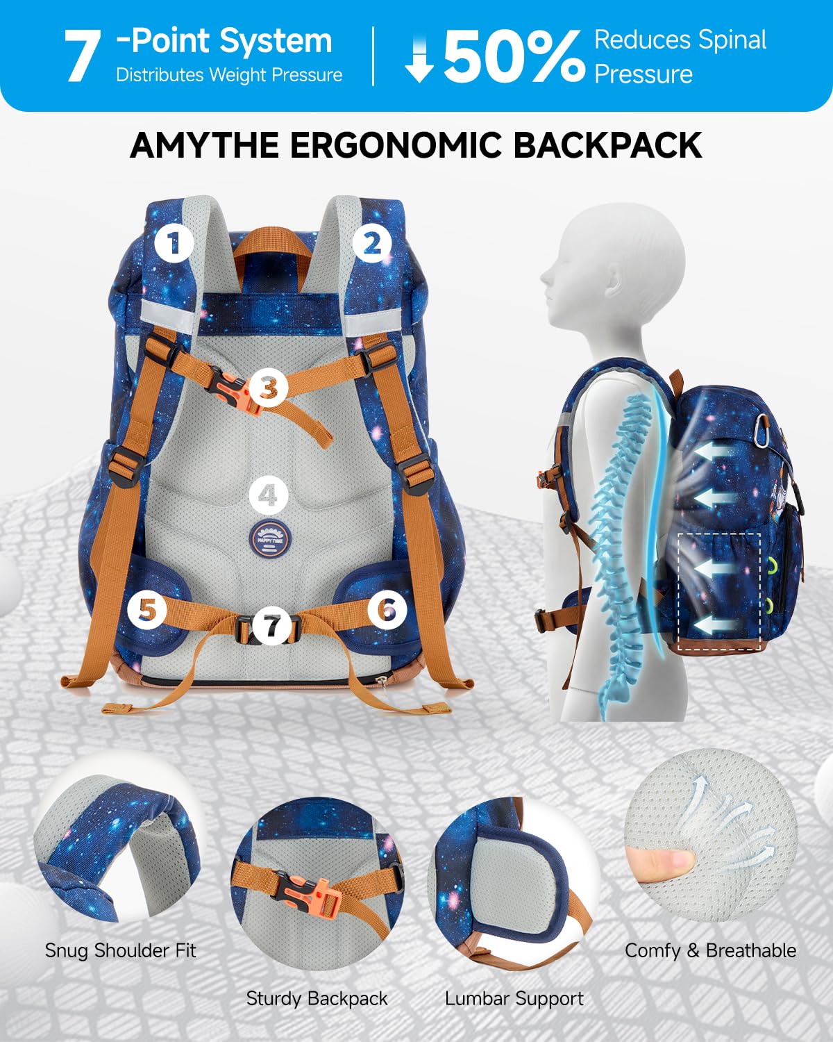 Amythe Ergo Schulrucksack Jungen ab 1. Klasse für Schul, Outdoor | Ergonomischer Schulranzen Rucksack Kinder 6-12 Jahre mit Brustgurt, Regenschutz, Reflektoren, Lendenwirbelstütze