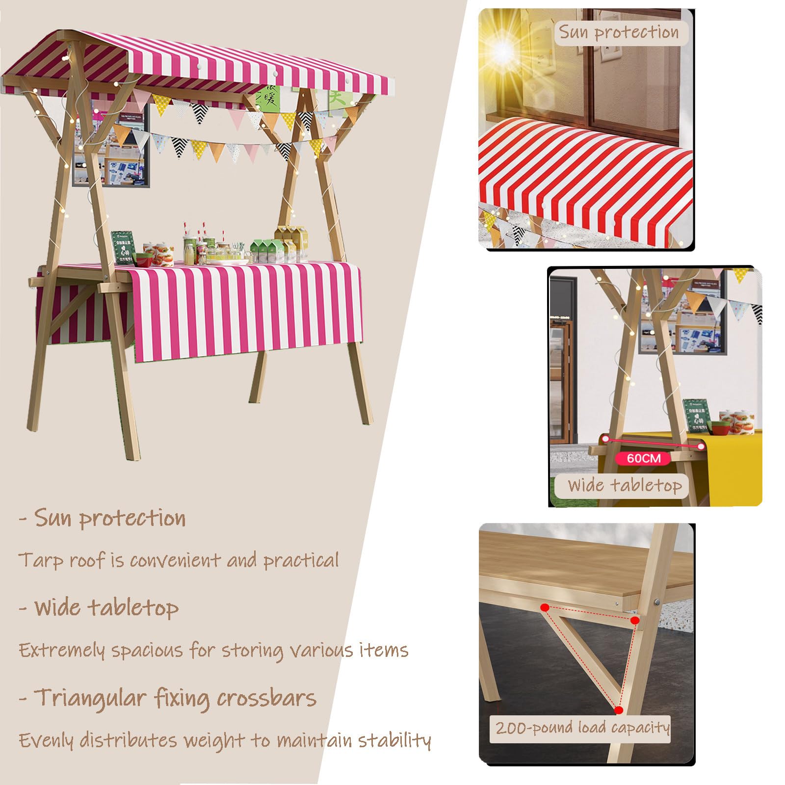 Lekkie, składane stoisko z markizą,mobilny drewniany kiosk na uliczne jedzenie/targi,komercyjny wózek z lodami na targi i festyny. 120 * 60 * 200cm-15
