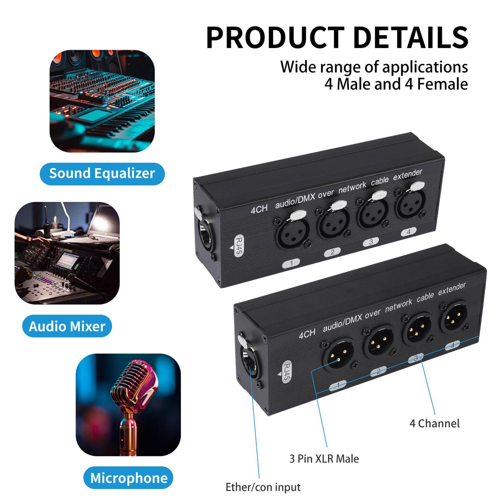 4-kanałowy przedłużacz Ethernet XLR na RJ45, 3-pinowy męski żeński rozdzielacz XLR dla kabla Cat5 Cat6 Cat7, multiplekser sygnału audio 4 na 4 wyjścia dla Stage Studio