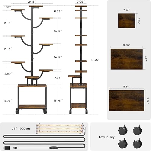Miniatura 6 de Soporte para plantas de 9 niveles con ruedas, estante alto de metal y madera para plantas de interior con diseño de árbol, estante rodante para