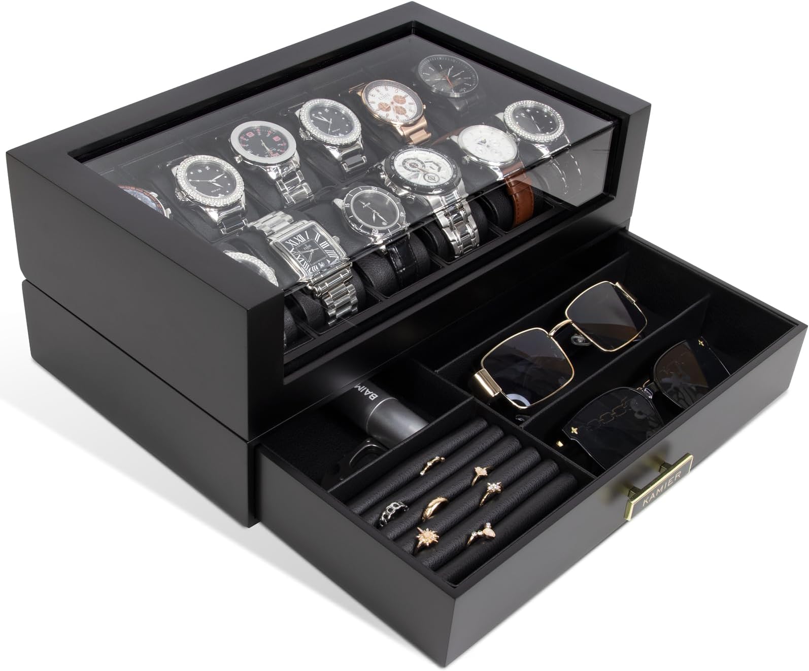 KAMIER 12 Slots Watch Box Case Organizer Display for Men 2 Tier Wooden Watch Box Organizer with Watch Holder and Drawer, Black