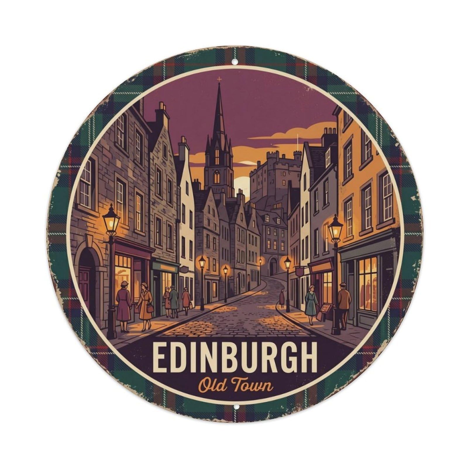 Gtthok Vintage Style-4 Vintage Travel Edinburgh Oldtown Scotland Metal Tin Sign Plaque Wall Decor For Cafe, Club, Garden Round Metal Poster 8X8inch