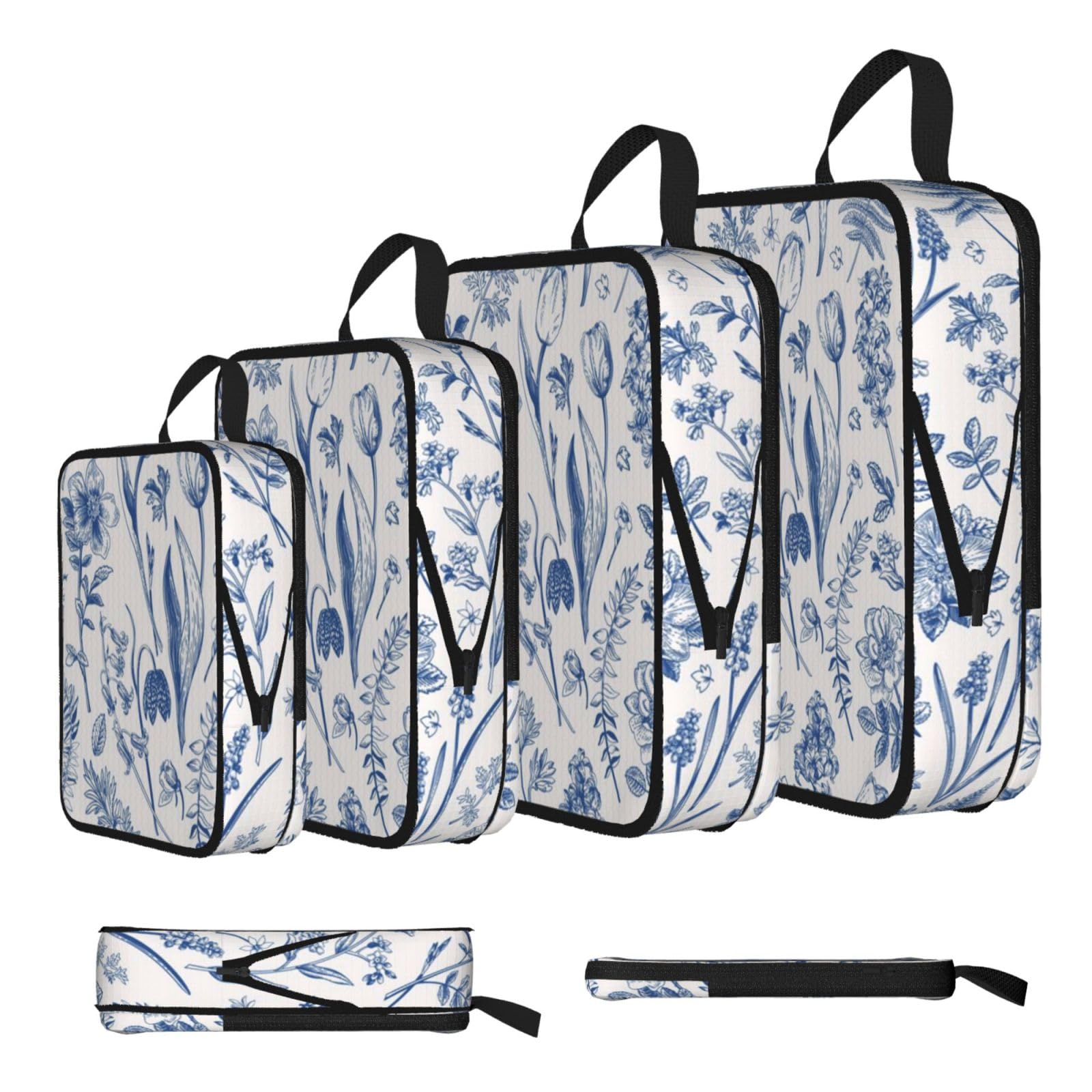 Flowers And Leaves Print 4 Set Compression Packing Cubes For Suitcases,Expandable Storage Bags Organizers
