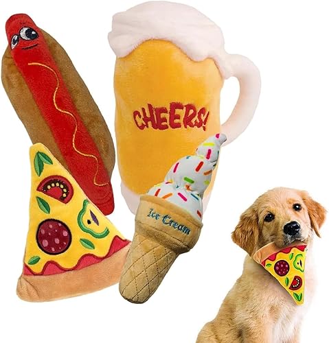 Paquete de 4 juguetes chirriantes de peluche masticables para perros, surtido de alimentos para cachorros, comida para perros calientes, pizza,