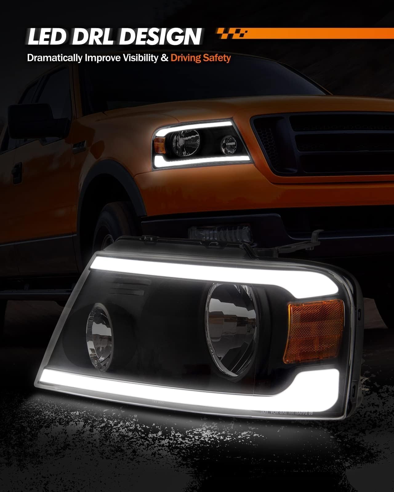 PHILTOP Headlight Assembly Pair with LED DRL Daytime Running Lights Direct Fit 2004-2008 F150, Waterproof Headlamp Aluminum Reflector Black Chrome Housing Clear Lens Passenger and Driver Side