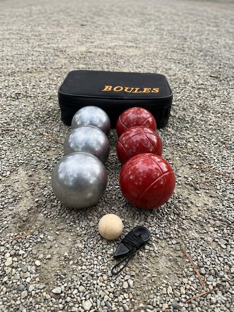 BuyBocceBalls Listing -73mm Metal Petanque/Boules 6 Ball Set with 3 Plain Grind Sand and 3 red Balls and Black Bag